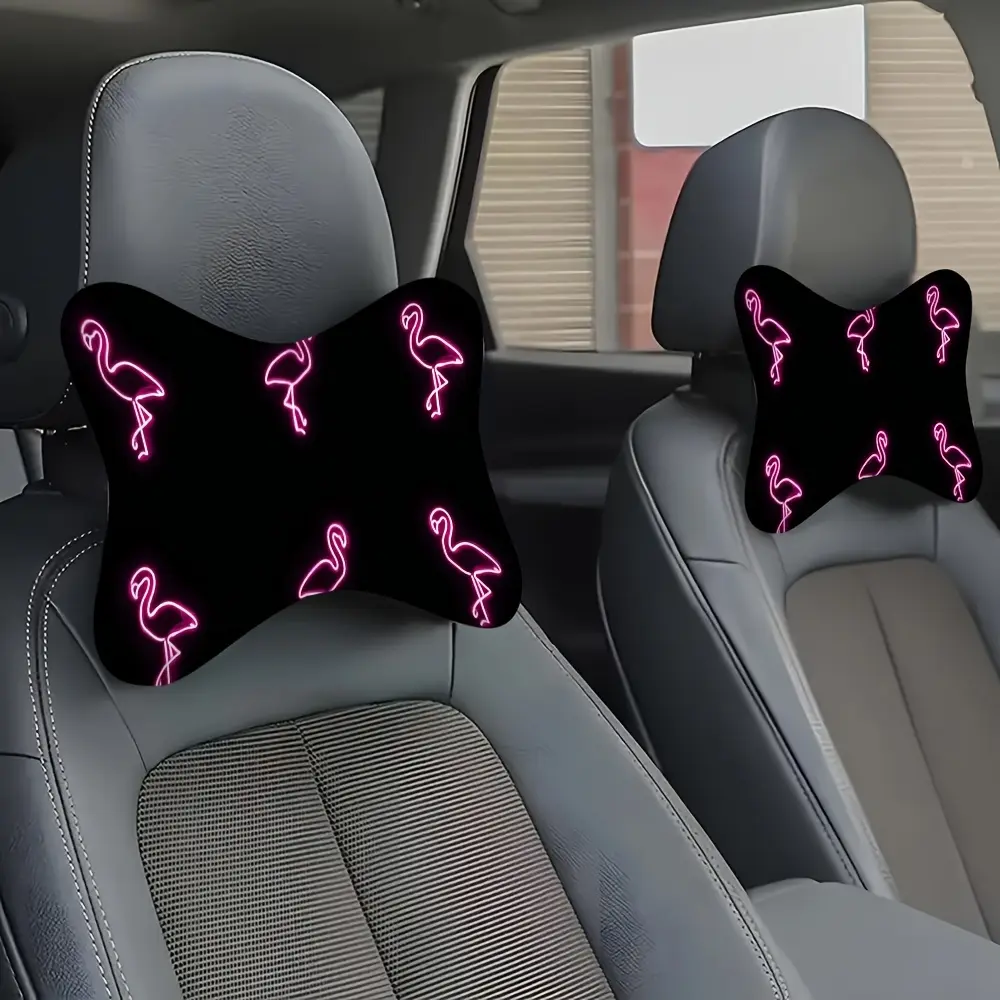 2pcs Cartoon Cute Car Headrest Pink Neon Flamingo Pattern Neck Pillow And Lumbar Support Cushion, Soft, Fluffy And Cozy, Suitable for Long Distance Driving Fatigue Relief, Office Nap Comfortable Support