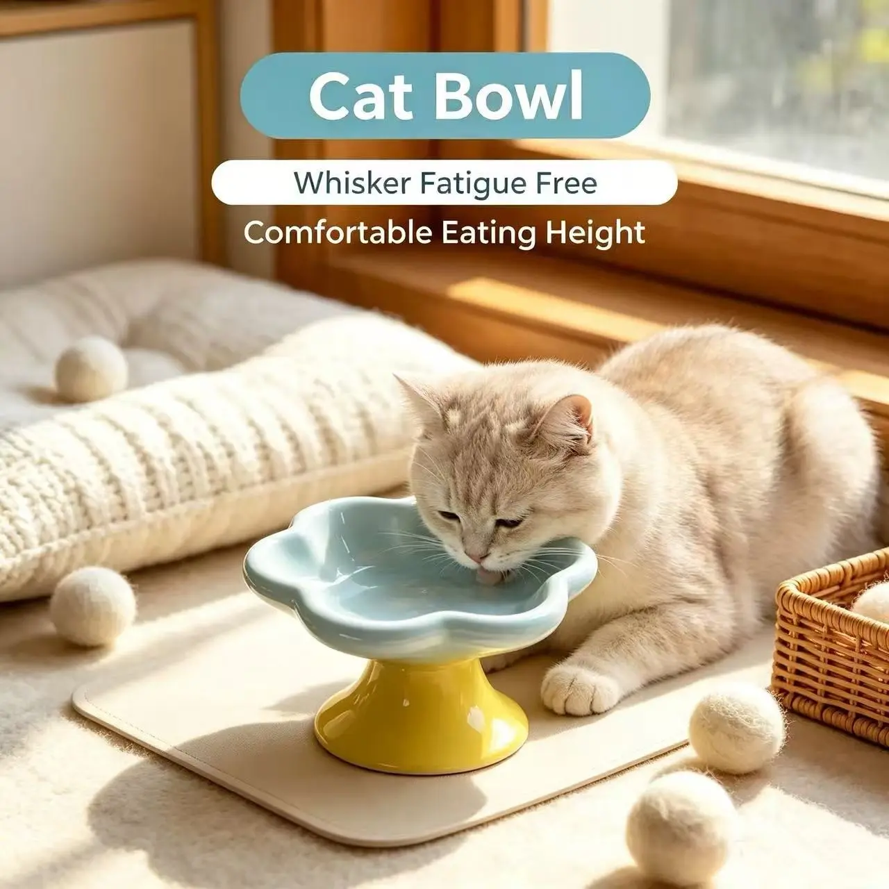 Macaron Flower Pet Ceramic Bowl, Anti- Chin Cat Dish, Neck Support Angled Food Bowl, High Aesthetic Dog Water Bowl