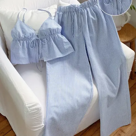 Women's Fashion Spring Summer Two-Piece Set, Knitted Striped Casual Vacation, Comfortable and Stylish Clothing for Women Top