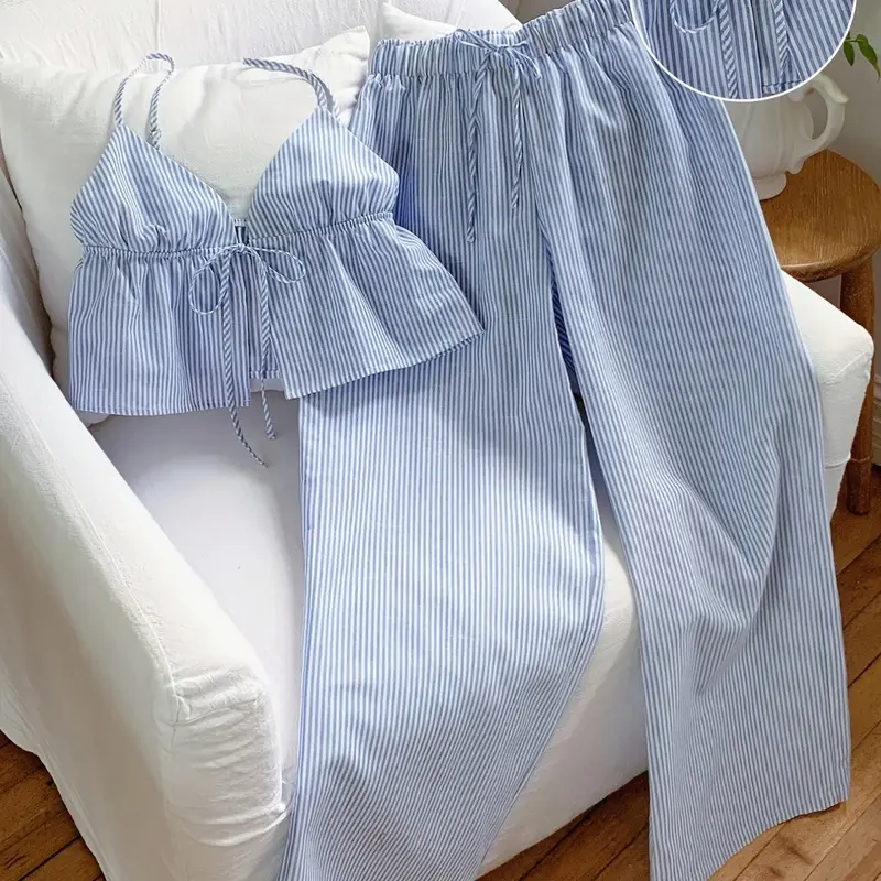 Women's Fashion Spring Summer Two-Piece Set, Knitted Striped Casual Vacation, Comfortable and Stylish Clothing for Women Top