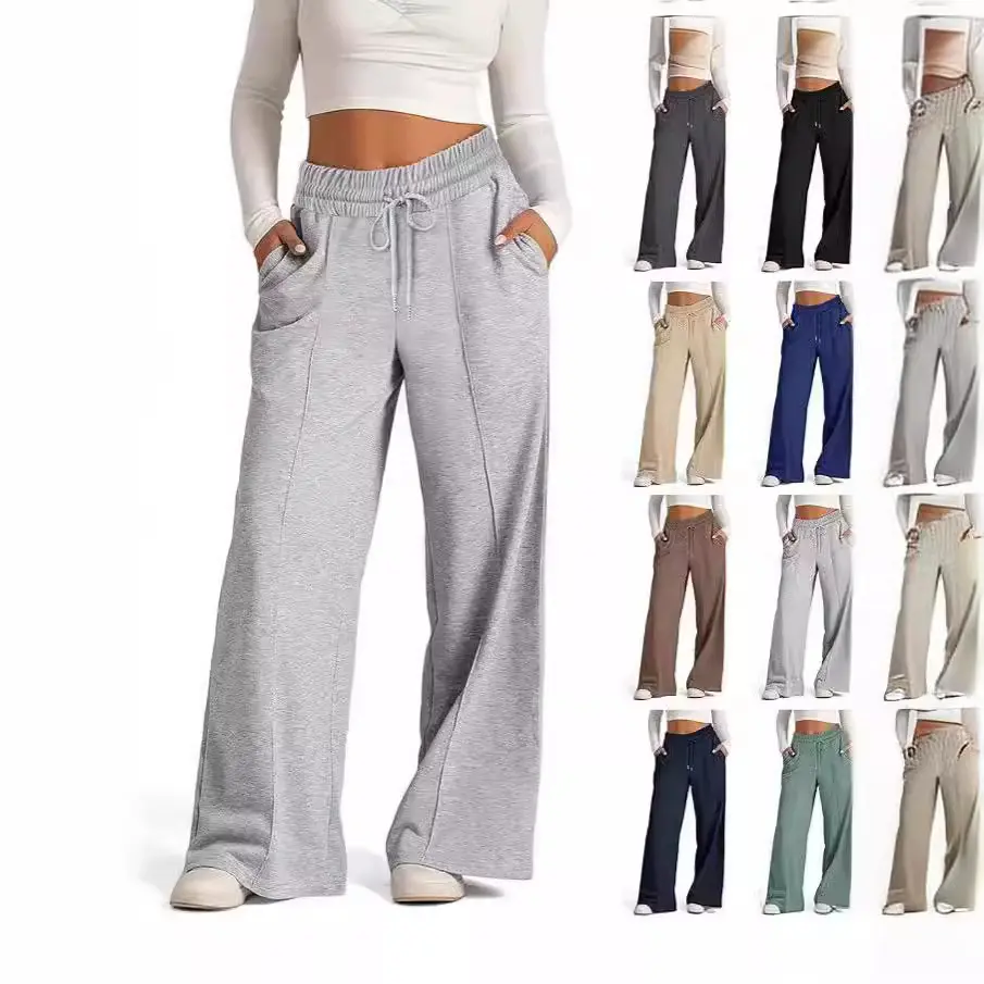 Women's High-Waist Wide Leg Pants - Elastic Drawstring Waist, Side Pockets, Loose Fit, Full-Length Multi-Size Solid Colors Baggy Sweatpants for Everyday Wear & Travel (Pants for Women)
