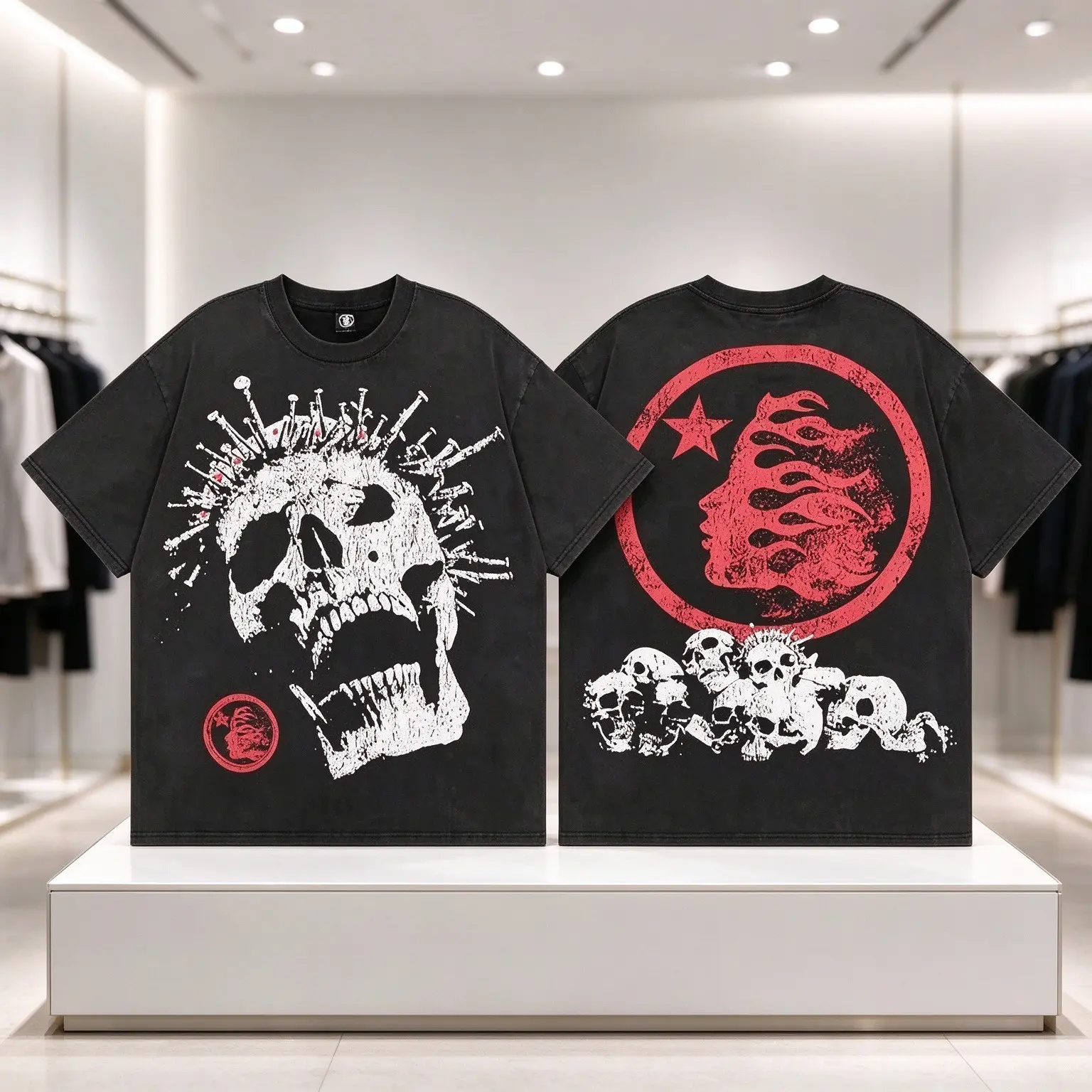Hellstar Alien Skull Print Washed Distressed High Street American Unisex Men Women Short Sleeve T-Shirt Streetwear Vintage Crew Neck Pure Cotton Tee Loose Casual Summer Daily Wear Retro Graphic Top