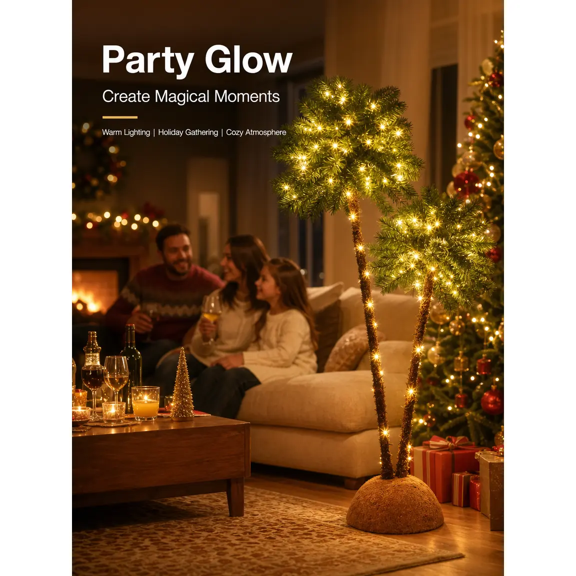 2-Head Pre-Lit Artificial Palm Tree with Warm White LED Lights, Tropical Pine Needle Christmas Tree for Indoor Holiday Home and Party Decor
