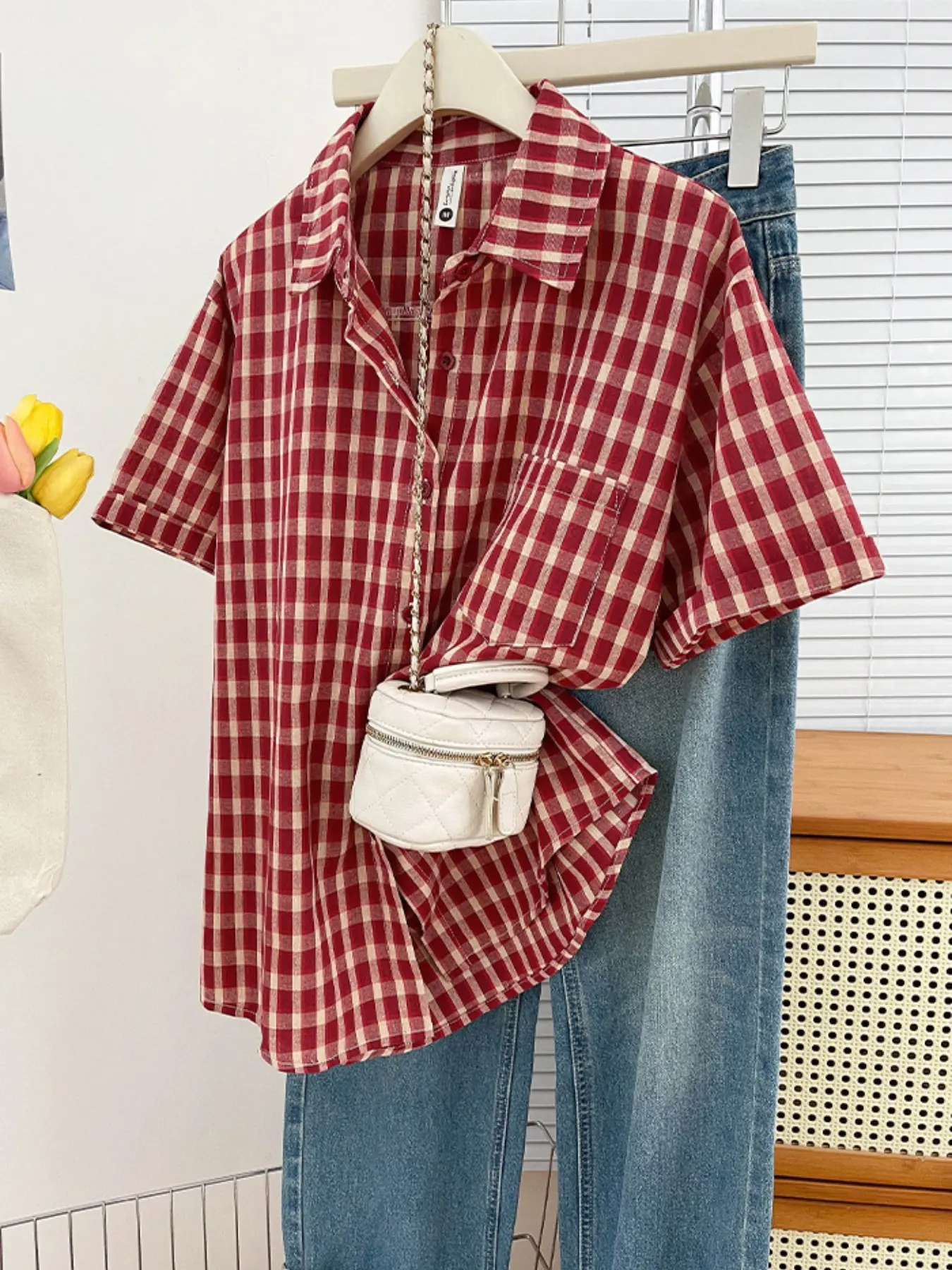 Summer Retro Vintage Casual Plaid Gingham Short Sleeve Shirt Blouses for Women, Loose Fit Collared Roll Collar Top, Korean Street Style, 2 Colors Available