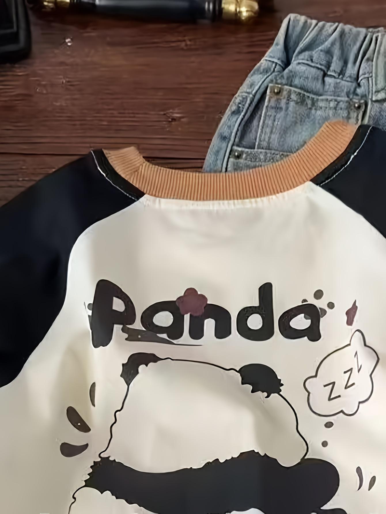 New1pc & Korean-Style Cute Panda Print T-Shirt with Raglan Sleeves - Korean Fashion Color-Block Round Neck Loose Fit Top, Panda & Korean Lettering Design (No Letters on ' Version), Spring/Fall Outfits, Casual