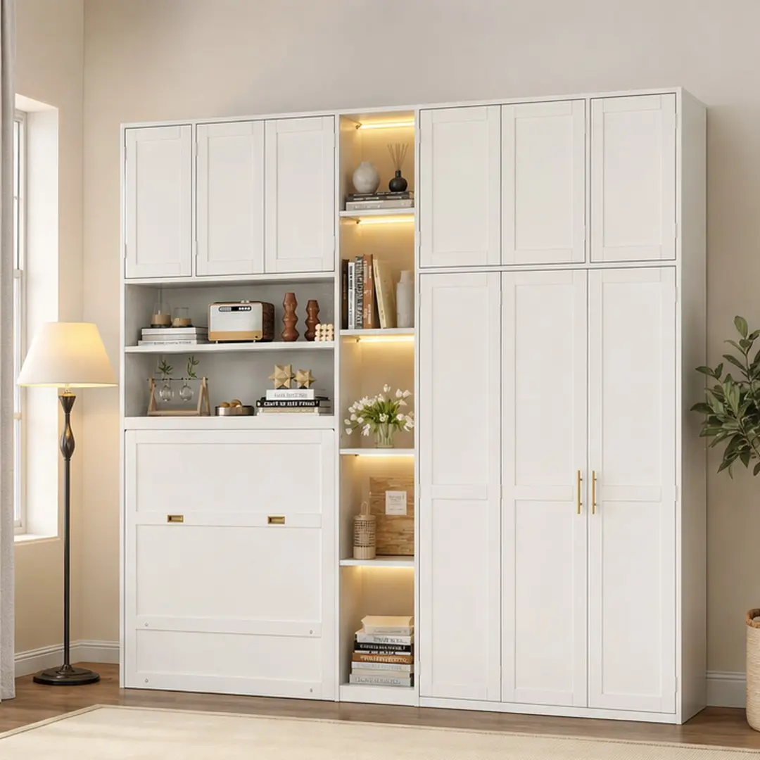 ARCH Twin Size Foldable Murphy Cabinet Bed Combo Unit, MDF+LVL Engineered Wood, 5-Tier LED Shelves, Wardrobe, Overhead Cabinets, Open Storage, 102.6"l x 78"w x 89.5"h, 359.00 lbs, White/Gray, Space-Saving for Small Bedrooms, Guest Rooms, 5-Tier Illuminate