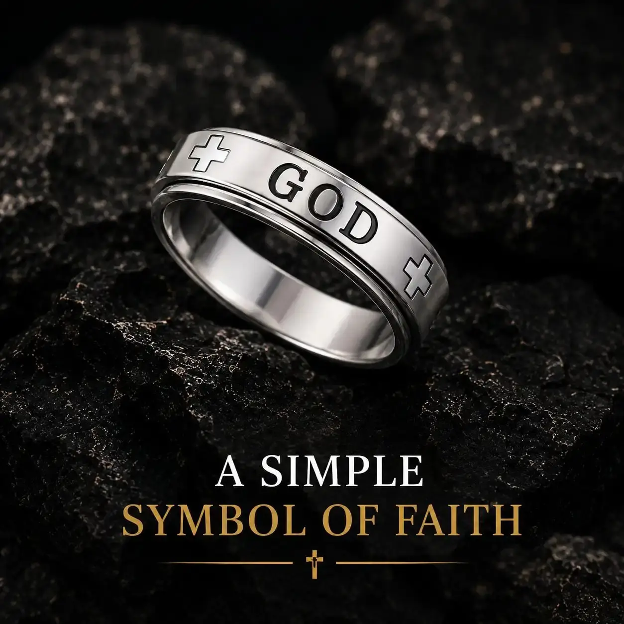 New Stainless Steel Spinner Ring - Cross Cutout, Letter Engraving Design - Unisex Wear Jewelry, Gifts for Boyfriend