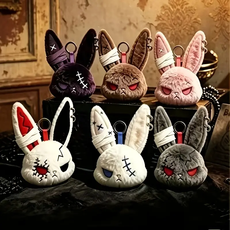 Gothic Bandage Stitch Rabbit Plush Keychain - Dark and Edgy Rabbit Head Bag Accessory, Stylish Plush Animal Women's Key Ring