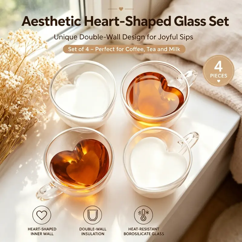 Clear Double Wall Heart Shaped Inner Glass Mug Set of 4 Heat Resistant Insulated Glass Cups Ideal For Latte Cappuccino Tea Daily Beverage