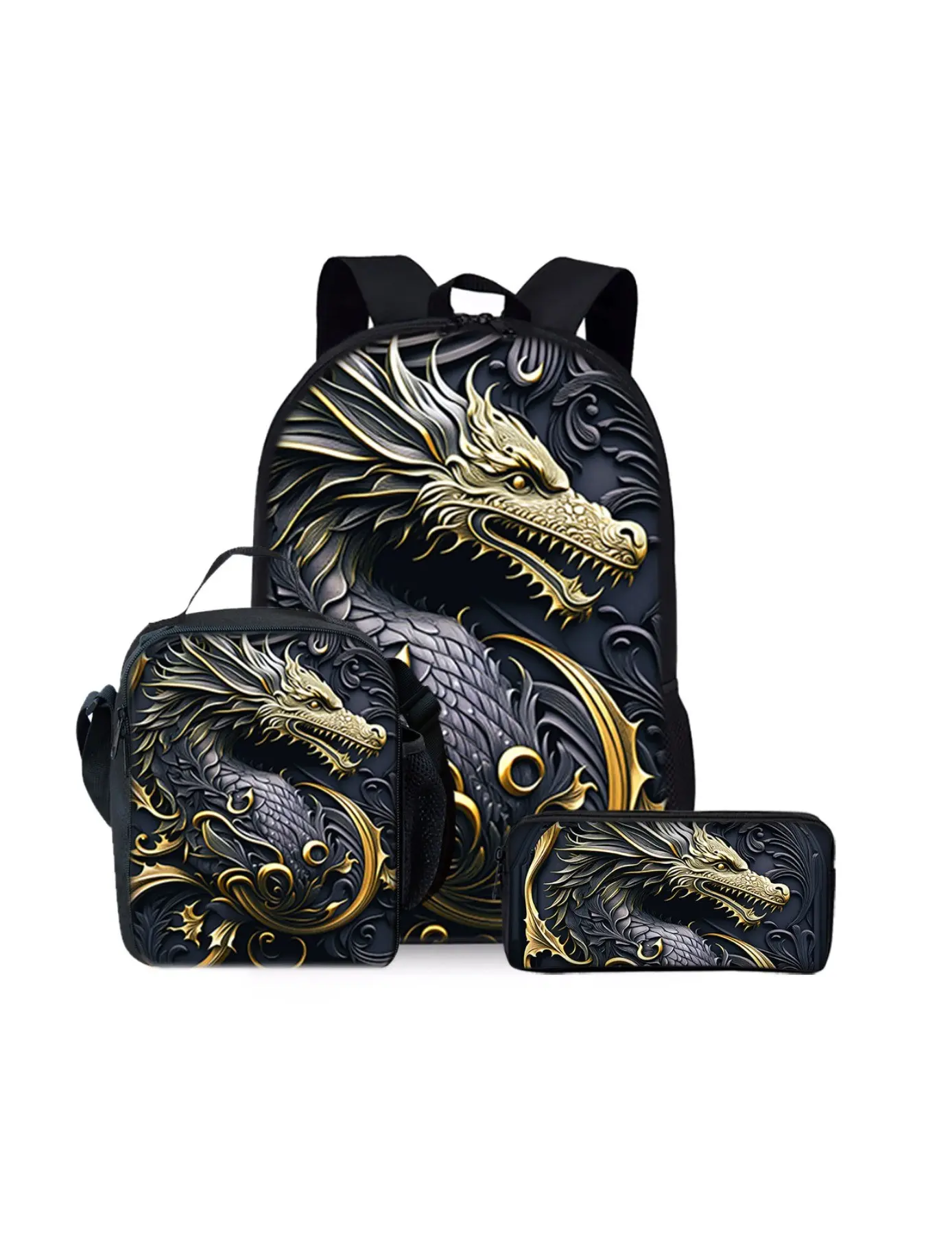 Metal dragon print backpack three-piece set, including lunch bag, pencil case, and backpack