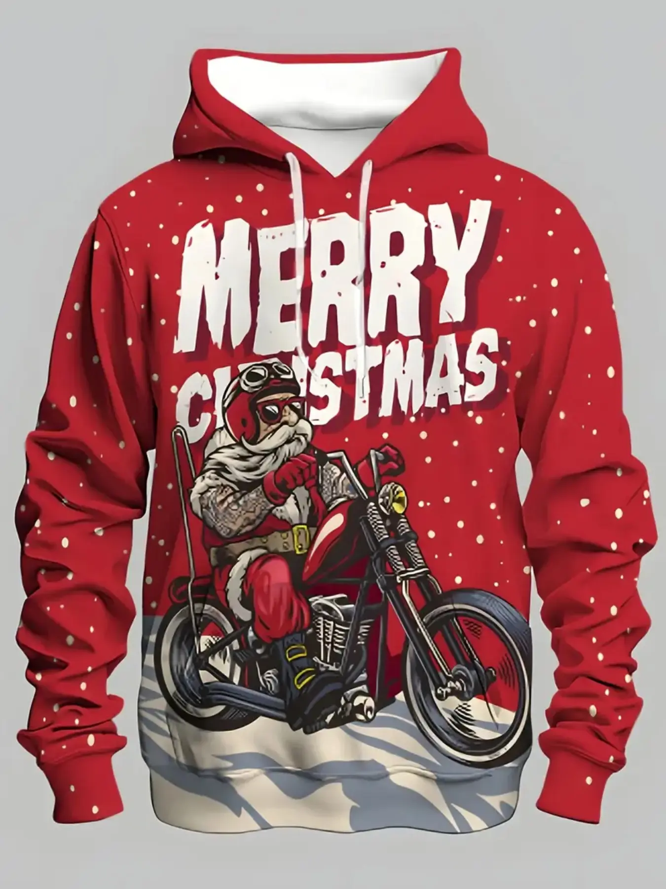 Digital Print Fashion Hooded Sweatshirt, Christmas Style, 3D Printed Design, Cool Santa Riding Snowflake Motorcycle, Casual Slim Fit