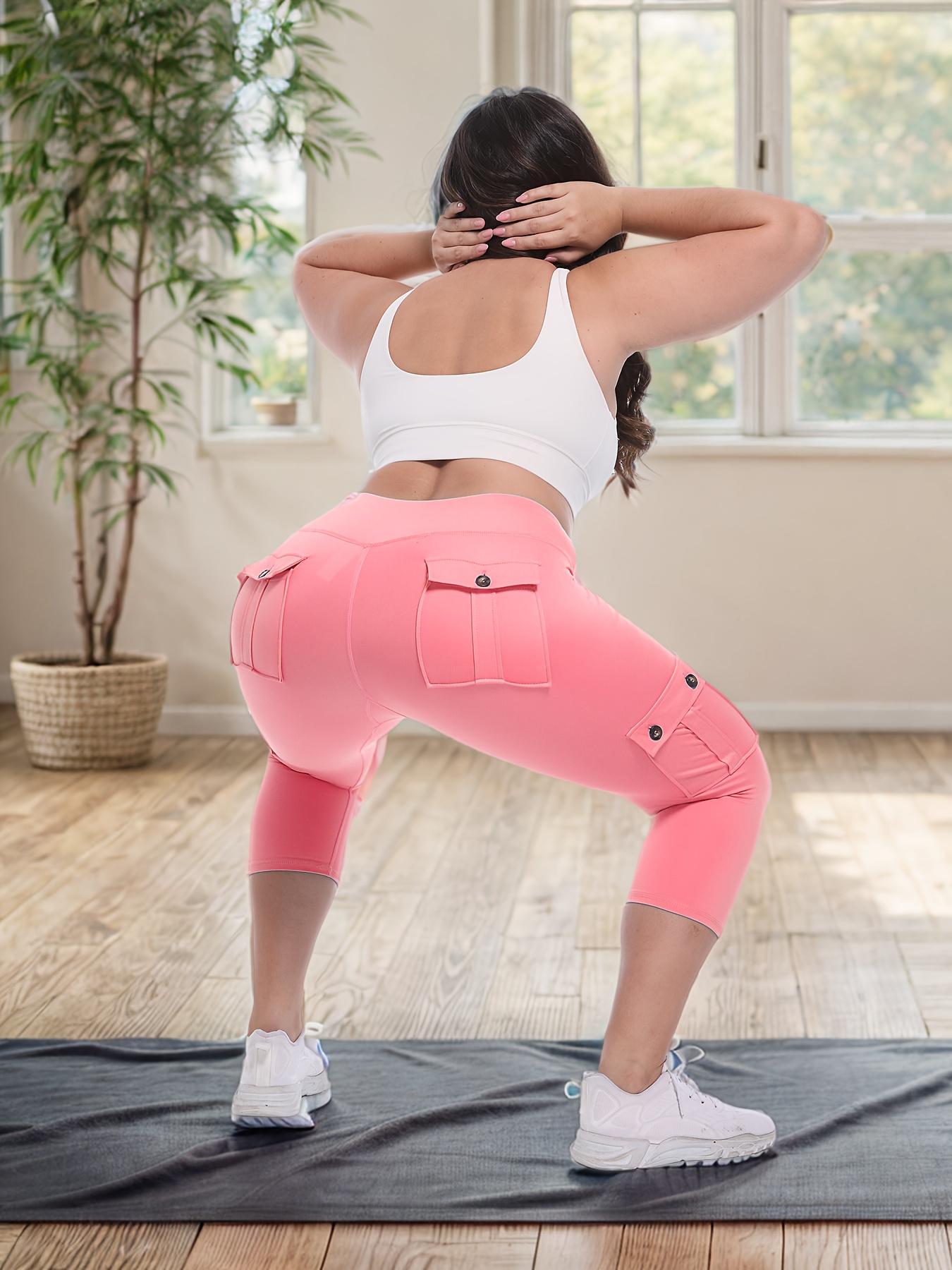 [2pcs High Waist Yoga Pants] JEGGE 2pcs High Waist Yoga Capri Pants Set, 4-Way Stretch Butt Lifting Tummy Control, Spandex Material, 4 Button Pockets, Solid Color, Three-Quarter Length, Sports Style for Workout Running, Spring/Summer Collection, Workout L