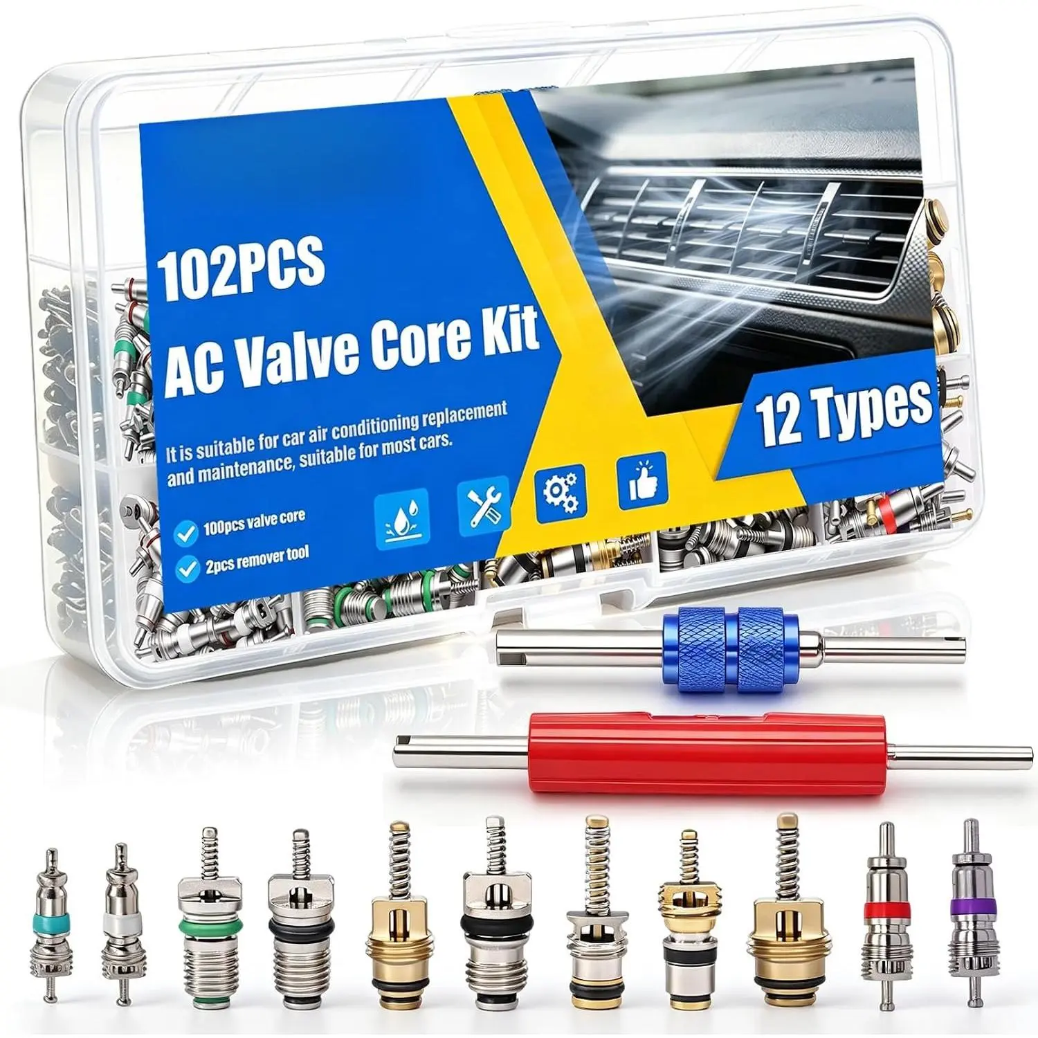 102 count  Air Conditioner Valve Core Kit, R12 R134A Schrader Valve Cores with   Valve Core Remover Tool,  AC Valve Stem Accessories for Automotive HVAC Refrigeration System
