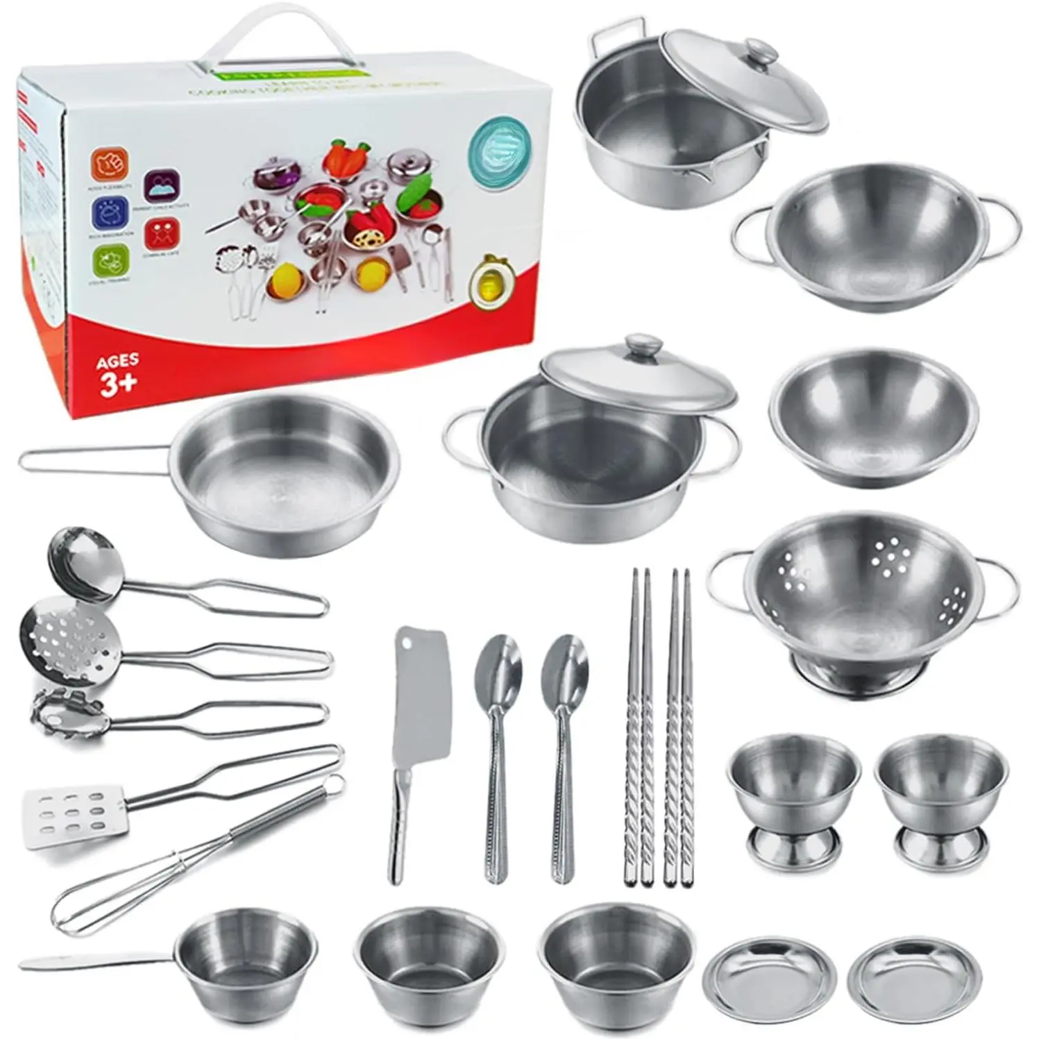 Tiny Classic Stainless Steel Kitchen Toys Cooking Utensils Set-Pretend Play Pots Pans Toy Cookware Kits  Kids Cooking Utensil Set Interactive Learning Role Play Educational Toys  Kids Mini Size New model