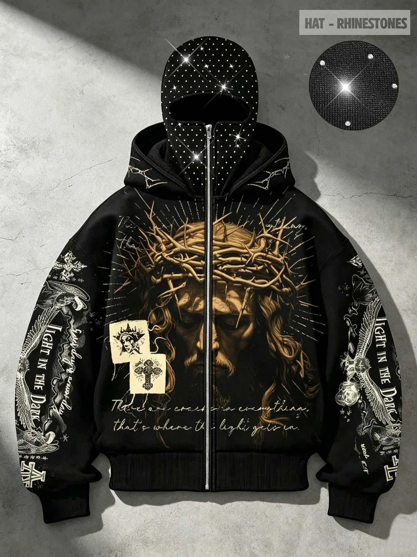 Men's Gothic skull pattern zip-up cardigan sweatshirt, rhinestone balaclava face mask, double-hooded fleece jacket, Y2K dark punk street style loose hooded cardigan coat, unisex style.
