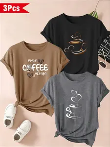 Women's Fashion 3-Pack Round Neck Short Sleeve T-Shirts, Coffee Theme Print, Soft Comfortable Fabric, Casual All-Season Top