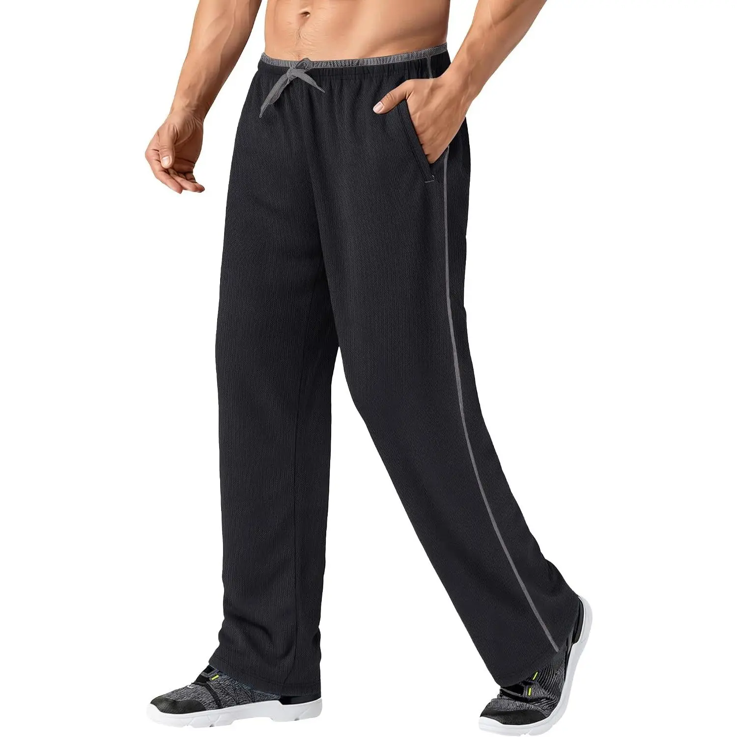 Men's Lightweight Sweatpants - Loose Fit Open Bottom Mesh Athletic Pants with Zipper Pockets, Breathable Comfort for Sports & Casual Wear