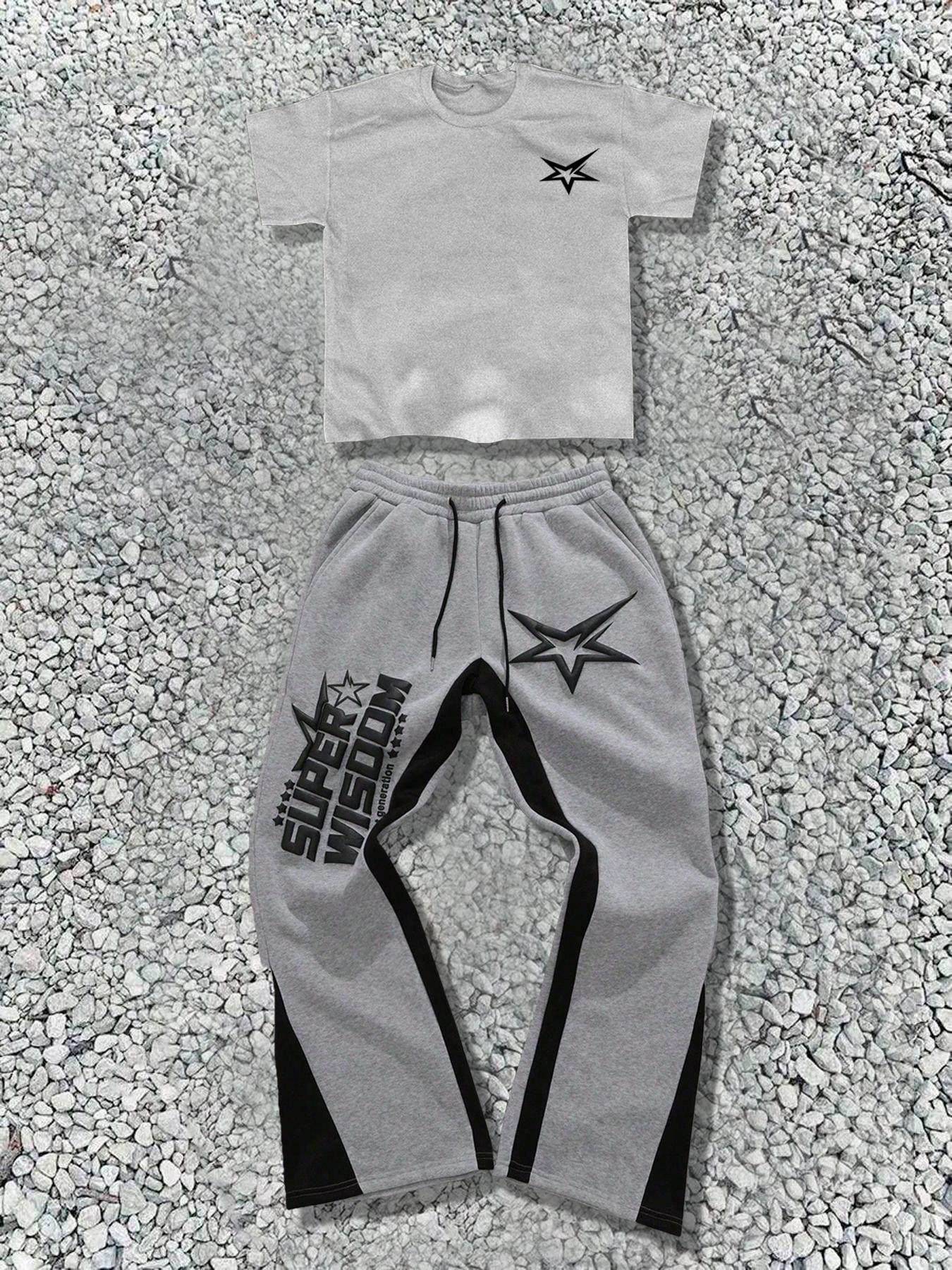 Two-Piece Set Men's Star Print Tee & Sweatpants, Regular Fit Casual Fashion Cozy Breathable for Daily Wear, Men's Clothes for All Seasons, Round Neck Menswear, Track Pants Set