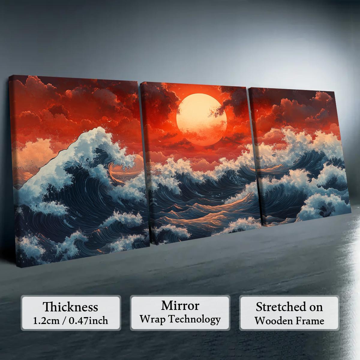 Wooden Framed Canvas Painting, Photo on Canvas, 3 Counts/set Ocean Wave Landscape Decoration, Natural Landscape Art, Perfect Living Room Decoration, Modern Art, Sunrise Print Pattern, Vibrant Print, Poster