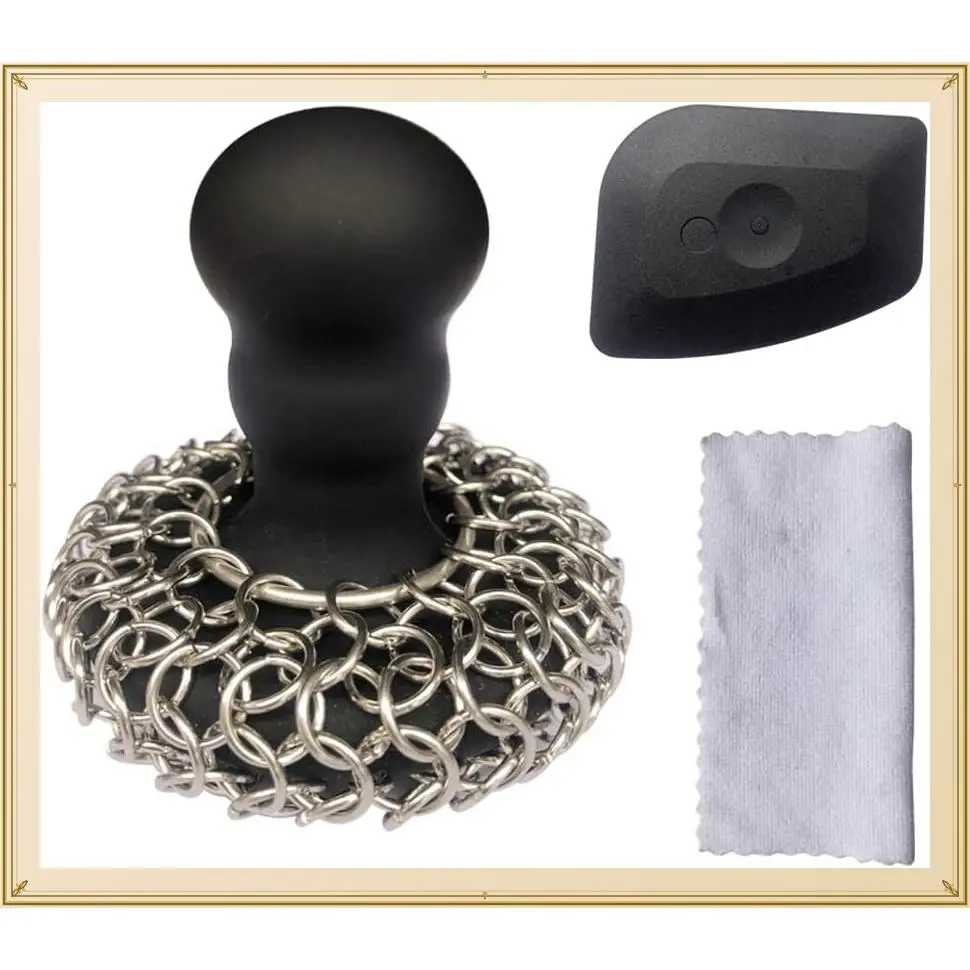 316 Upgraded Chainmail Scrubber with Silicone Handle, Cast Iron Cleaner for Grill Pan, Skillet, Wok & Bakeware, Ergonomic Grip, Easy to Use, Dishwasher Safe, Black - Scrubber + Scraper + TowelGift