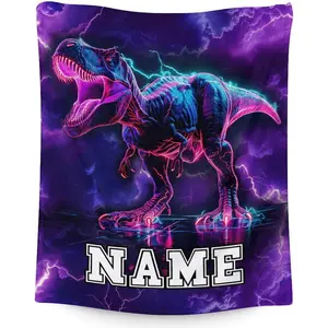 Neon T-Rex Dinosaur Throw Blanket, Personalized Name Cyberpunk Flannel Blanket, Soft Cozy Warm Cover, Lightning Storm Design, Custom Gift for Him Boy Teen, Cool Game Room Bedroom Couch Decor