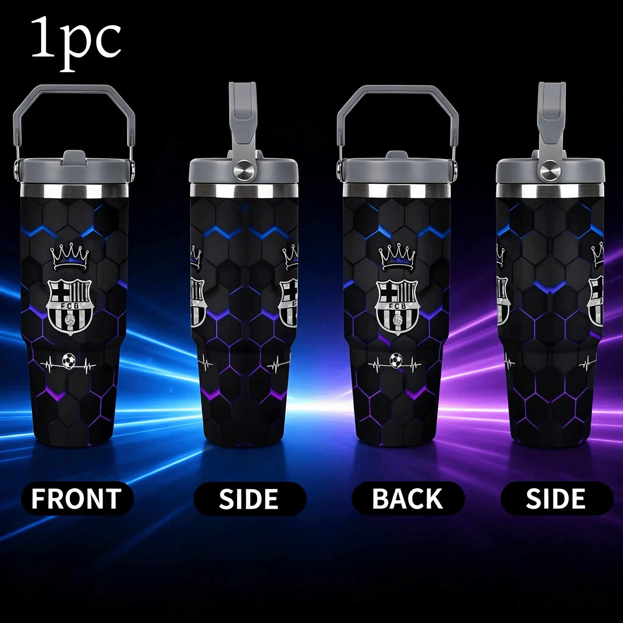 1pc 30oz FC Barcelona Tumbler with Handle, Insulated Stainless Steel Water Bottle, Double Wall Vacuum Leak Proof Travel With a straw Coffee Mug , Reusable Hexagonal Gradient Sports Cup for Hot & Cold Drinks, Barca Fan Gift for Men Women
