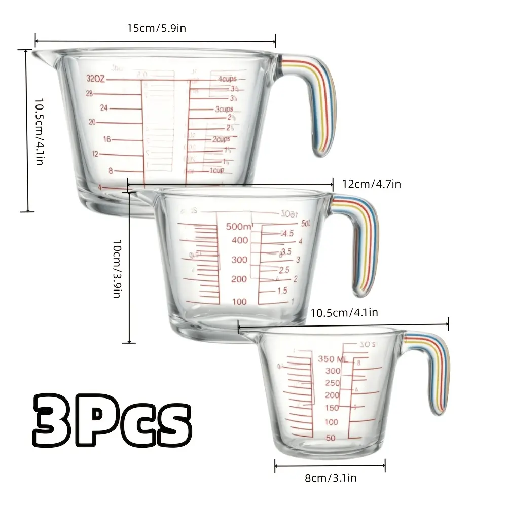 [PABHAN]Three Glass Measuring Cups with Clear Red Markings; Made of Heat-resistant Borosilicate Glass, Very Suitable for Baking and Cooking; Can Be Washed In The Dishwasher; Suitable for Measuring Coffee Brewing Kitchen Utensils