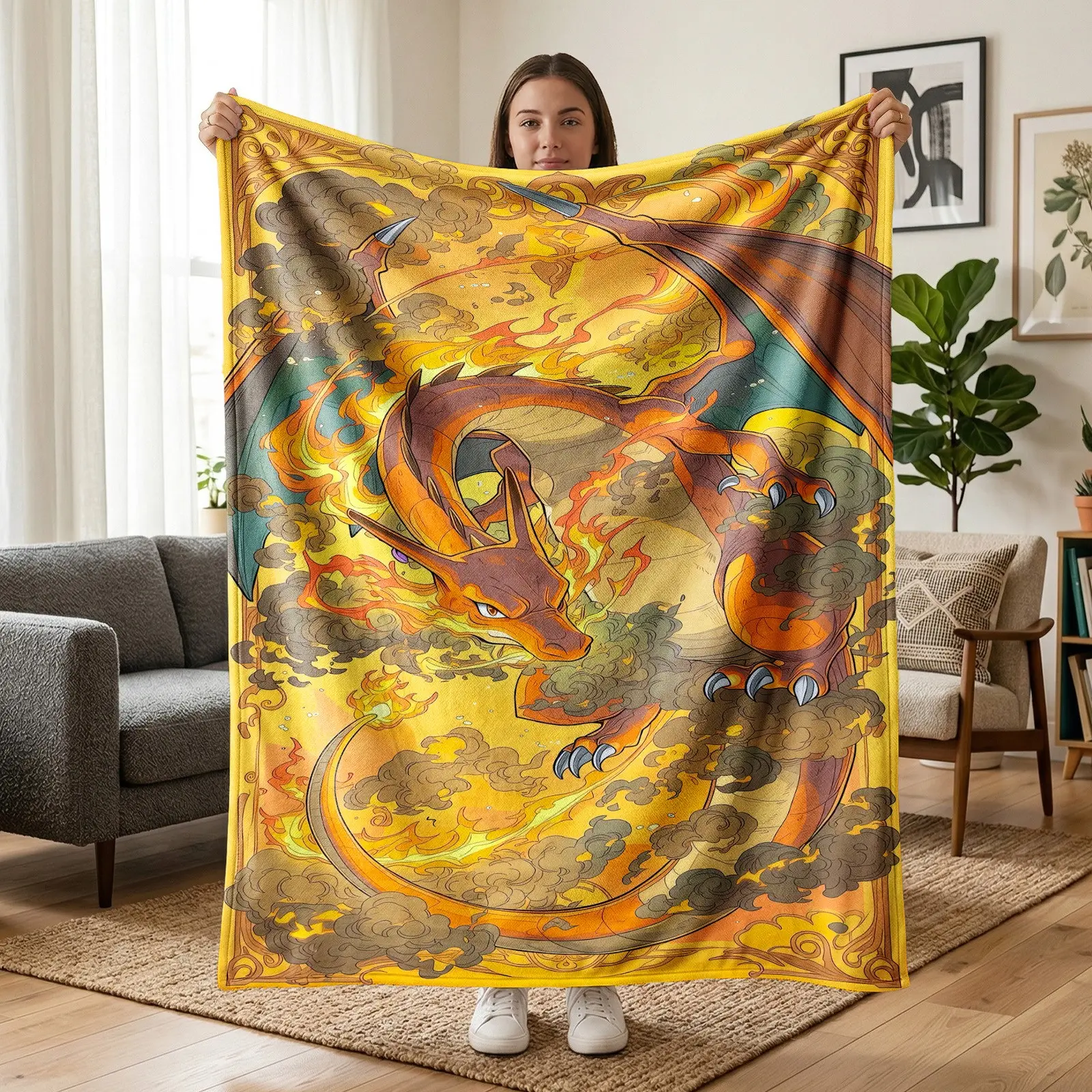 1pc Pokemon Charizard Themed Fleece Blanket, Fire Dragon, Flames, Smoke & Vintage Ornament Frame All-Over Print, Retro Anime Illustration Style. Soft Multi-use Throw for Sofa, Bed, Office, Camping, Ideal for Anime Fans & Christmas Gifts.