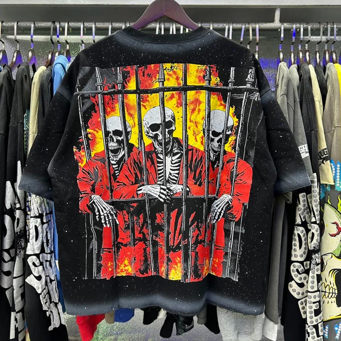 Best Quality Washed Gray Full Rhinestone Bling T-Shirt, Unisex F-Terry Cropped Tee, BKYS Skull Print High Street Hip Hop Rock Retro Y2K Vintage Streetwear, Sparkle Diamond Graphic Casual Short Sleeve Tops for Men Women