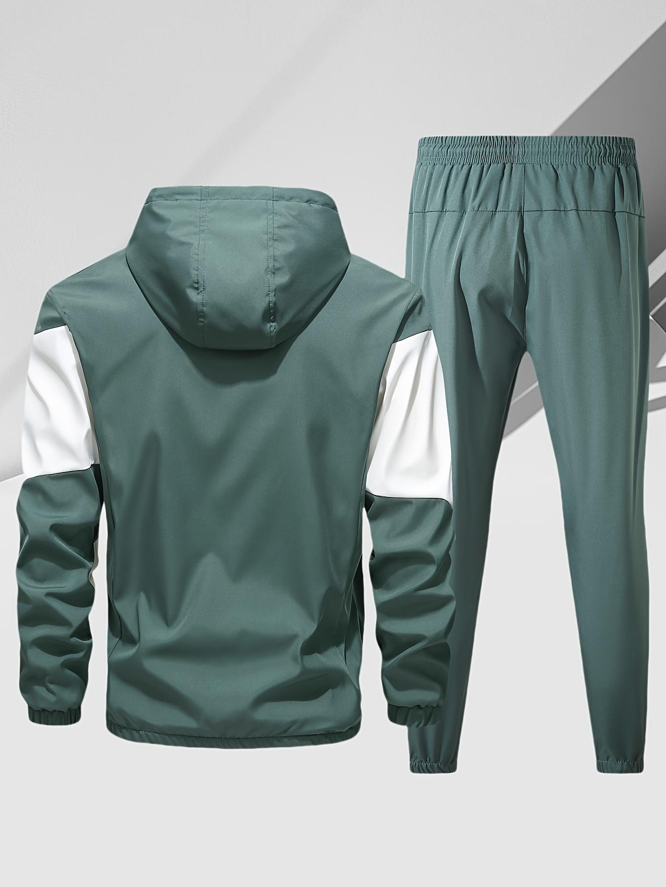 Men's casual two-piece set, stylish contrasting zipper hooded jacket, breathable solid color drawstring pants