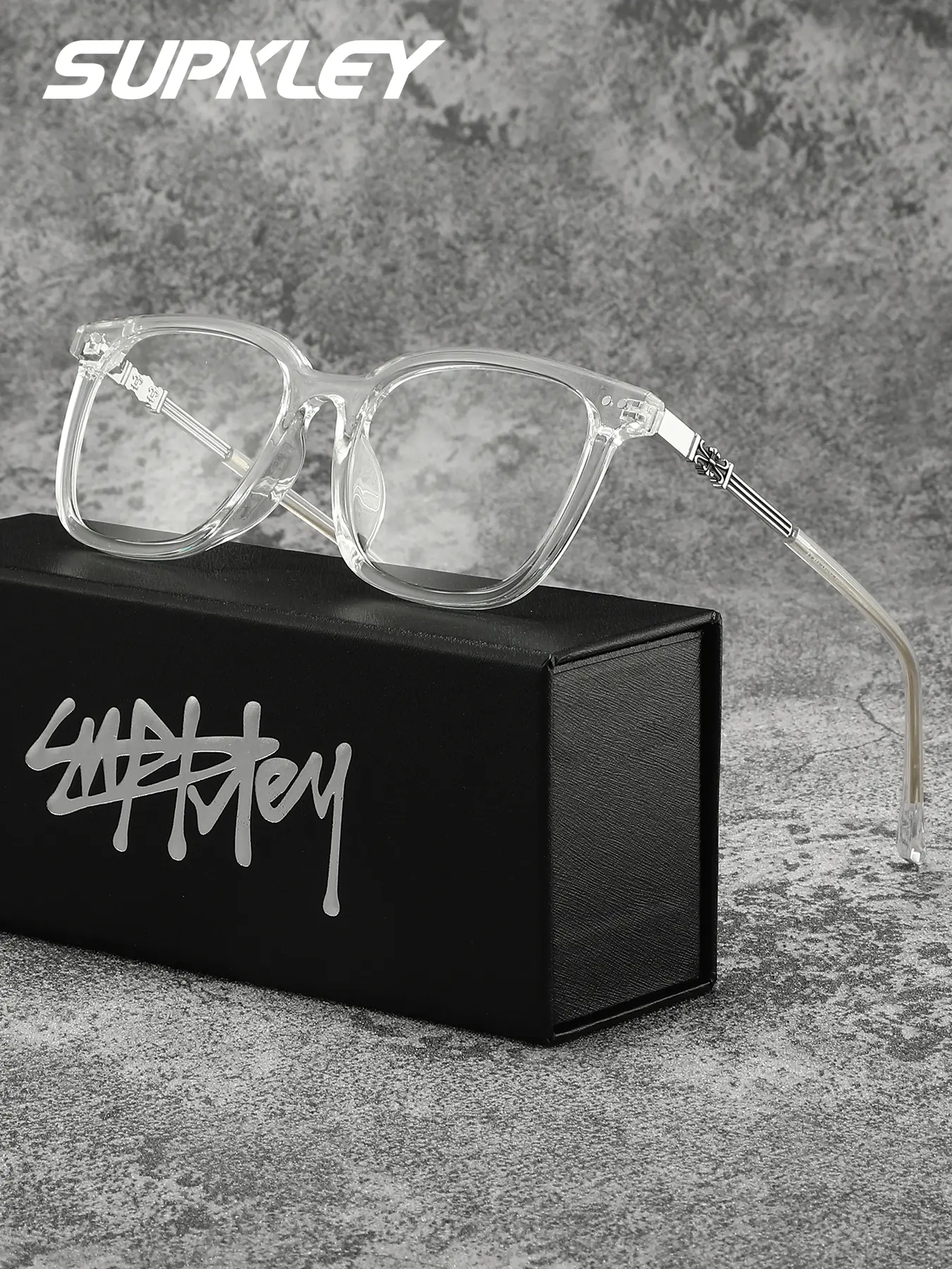 SUPKLEY Casual Comfort Full Frame Men's Glasses, Square Large PC Material, Fashion Decoration, Blue Light Blocking Clear Lens