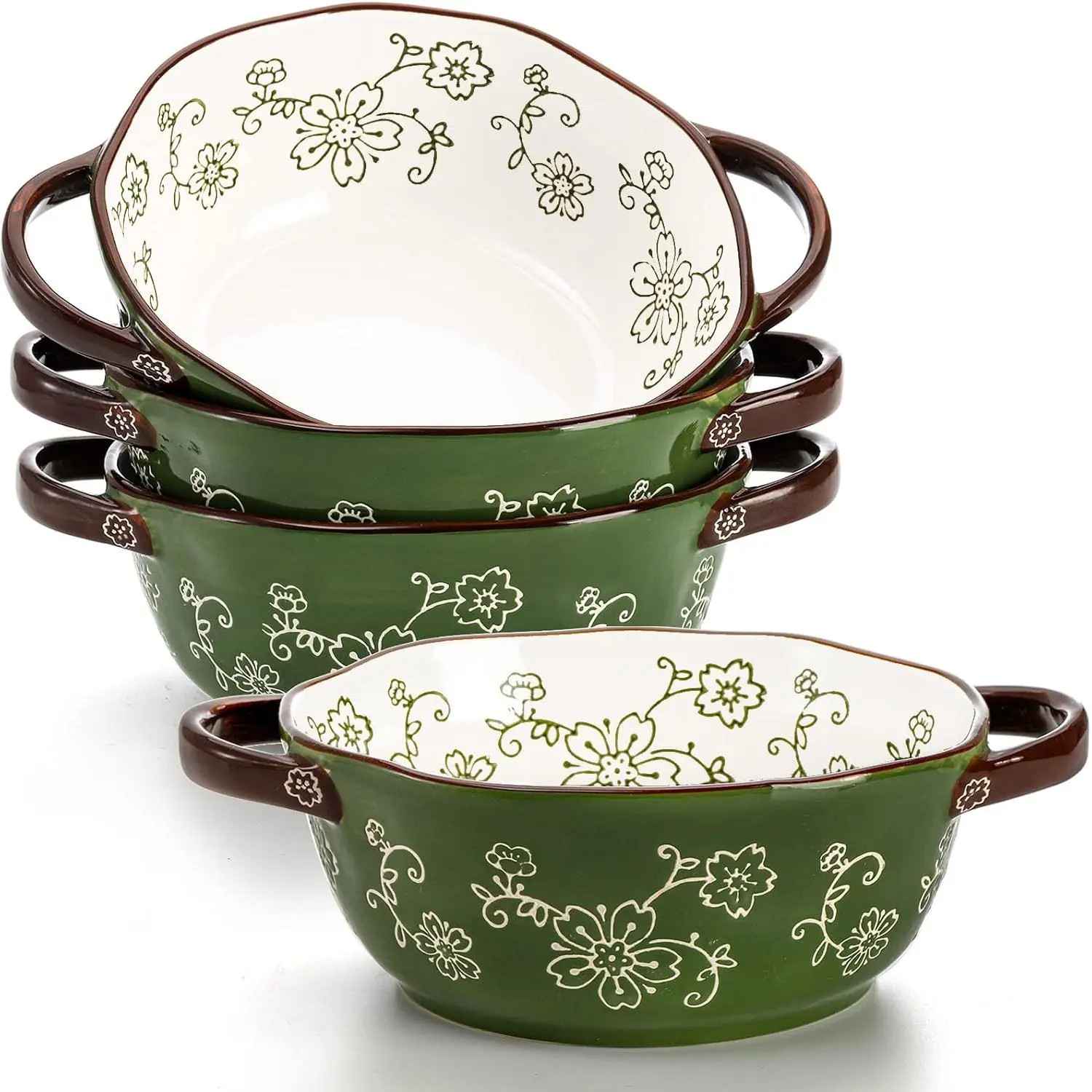 4 Pack Ceramic Soup Bowls, 22 Ounces Porcelain Serving Bowl Set with Double Handle, Large Ceramic Crocks for  Onion Soup, Stew, Pasta, Cereal, Pot Pies (Green)