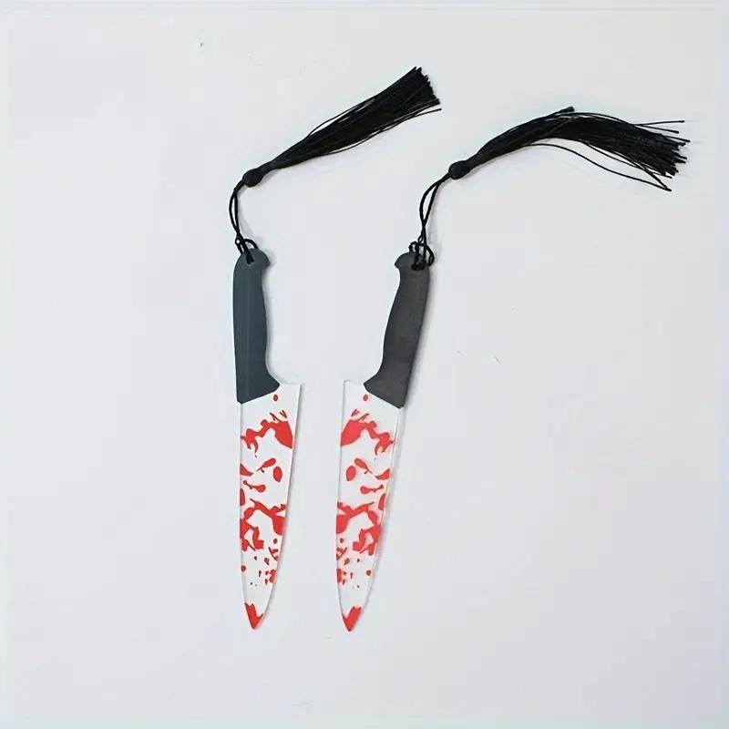 Gothic Horror Acrylic Bookmark Set, Blood Knife Design with Tassels, Durable Transparent Page Markers for Halloween Reading