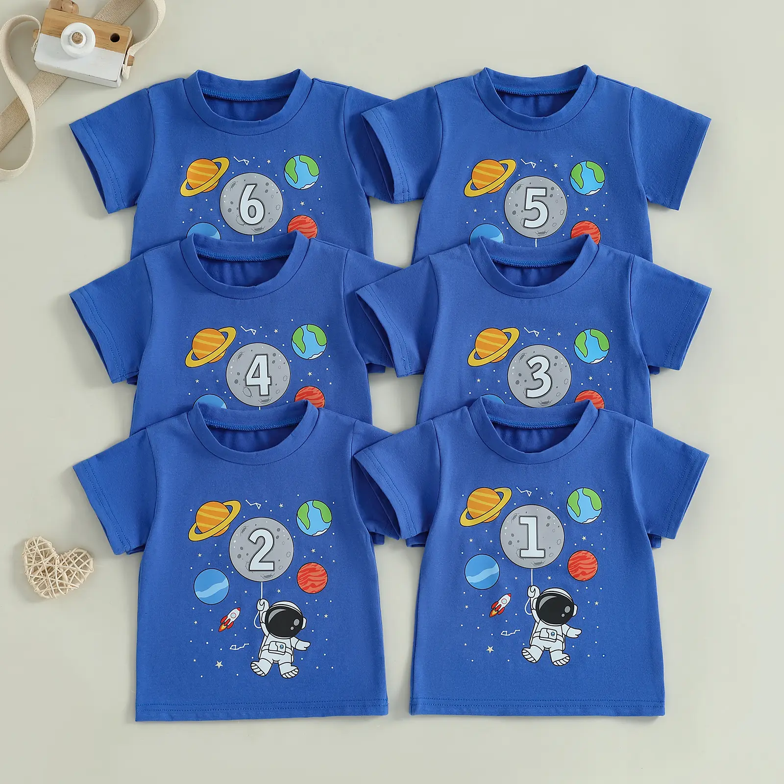 FOCUSNORM Toddler Boys Birthday T-Shirt 1-6 Years Planets Astronaut Number Print Crewneck Short Sleeve Shirts Loose Fit Tops for Baby Boy Birthday Outfit 1st/2nd/3rd/4th/5th/6th