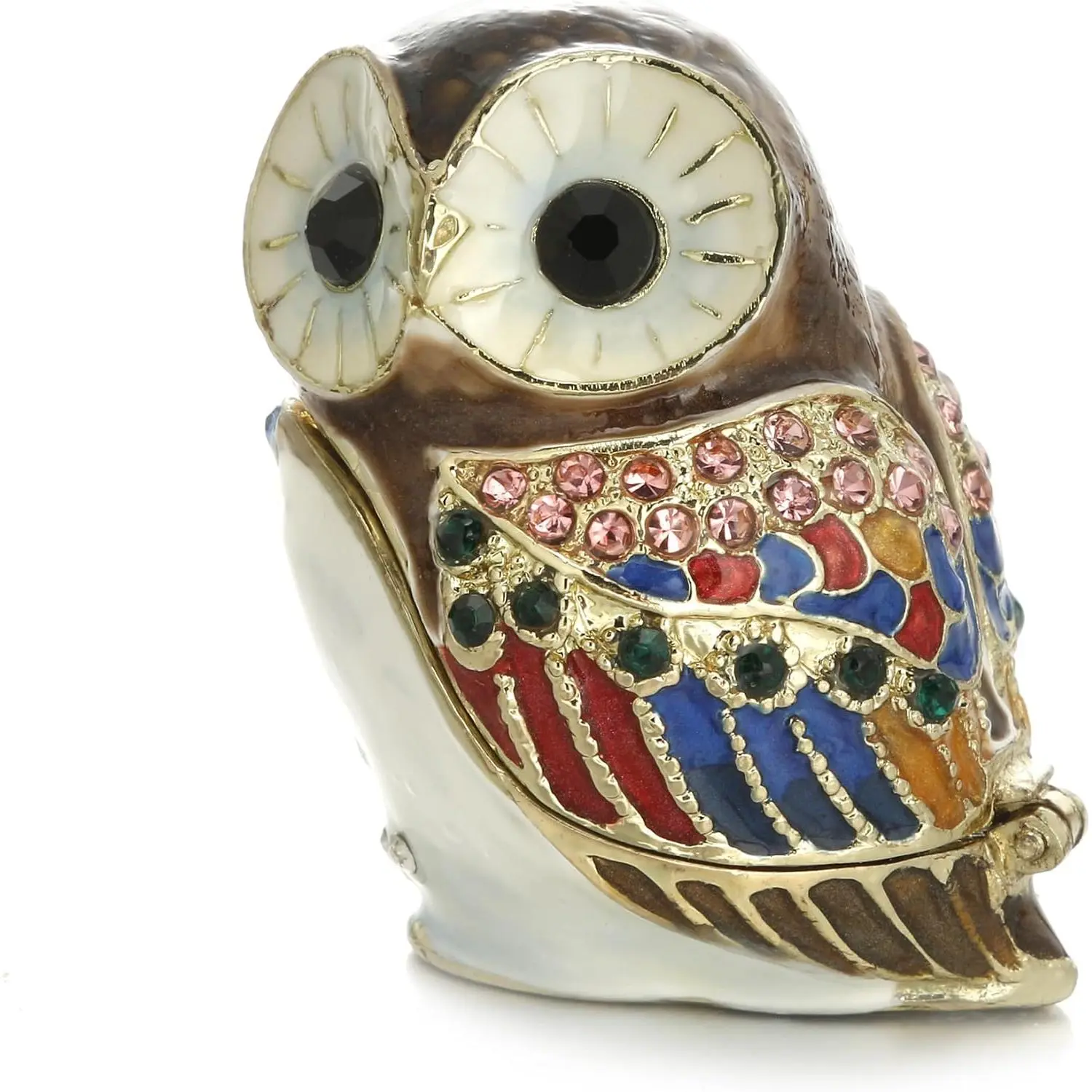 Hand Painted Rhinestone Owl Shape Metal Trinket Box - Hinged Mini Organizer for Rings, Necklaces, Modern Animal Theme Home Decor Storage Figurine