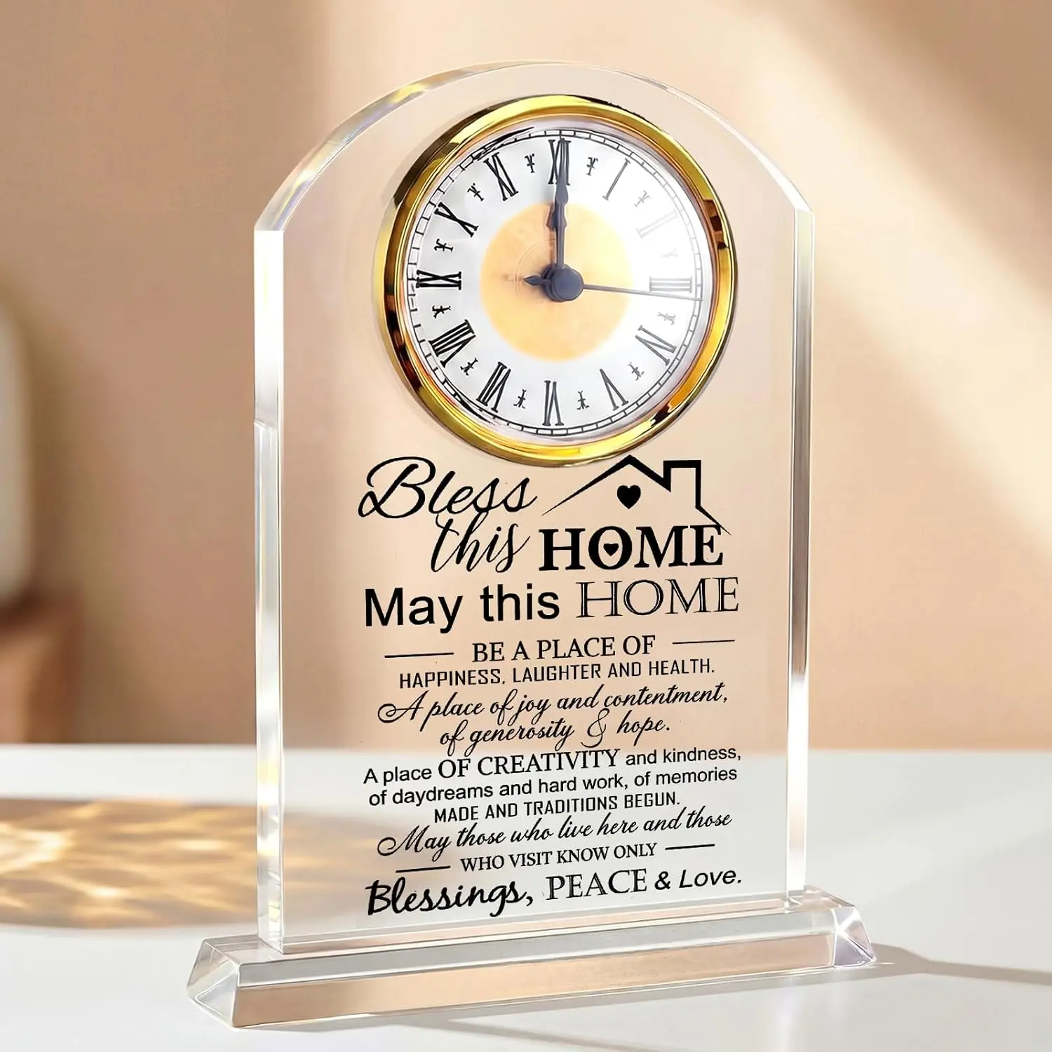 Landical Whimsical Crystal Clock - Transparent Acrylic Keepsake, Decorative Home Decor for New Homeowners, House Warming Gift Idea for Couple, Friend, Family Blessing