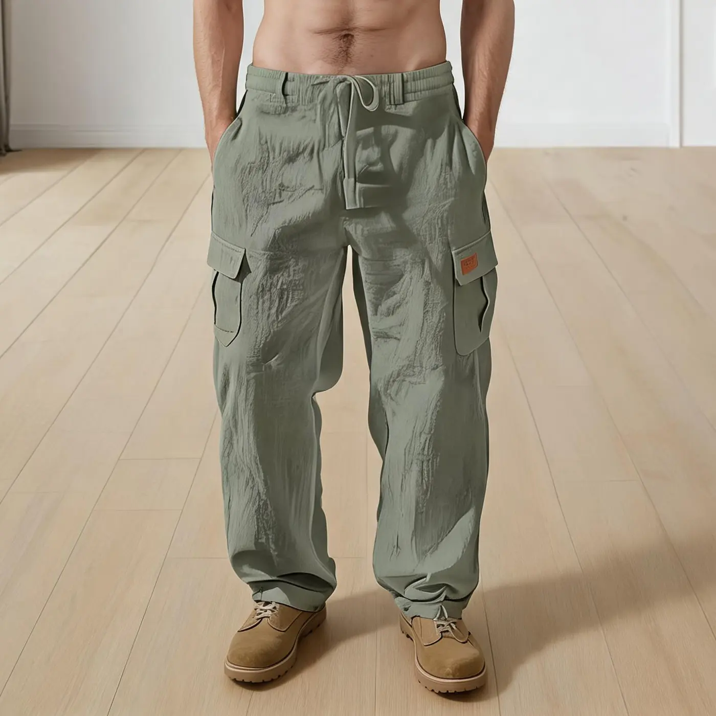 Men's White Linen Cargo Pants – Relaxed Fit Drawstring Summer Beach Trousers with Multiple Pockets