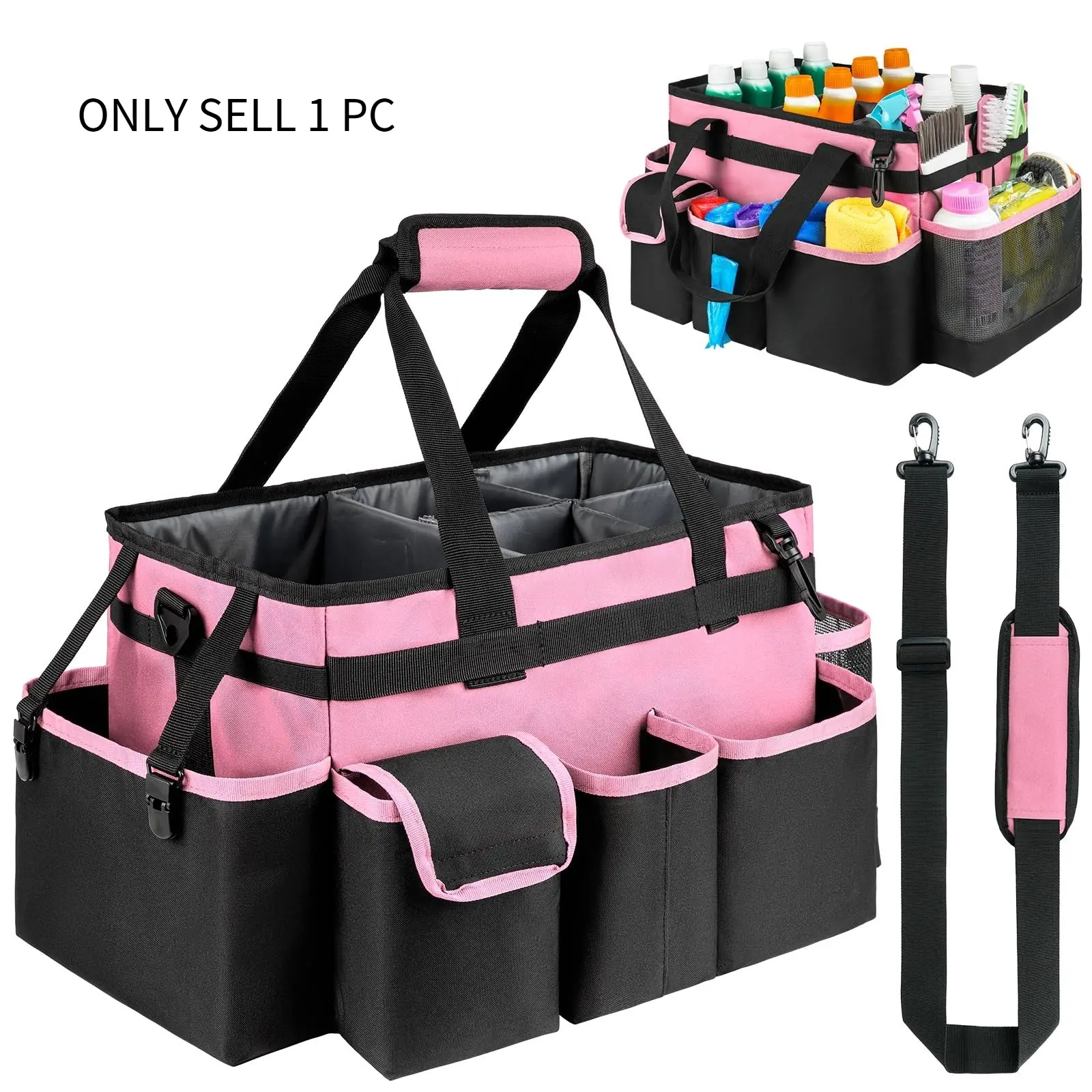 Multi-pocket Cleaning Caddy Bag, 1 Count Waterproof Home Cleaning & Car Maintenance Storage Bag, Storage Organizer with Handle & Adjustable Divider for Home, Travel Essentials Bag
