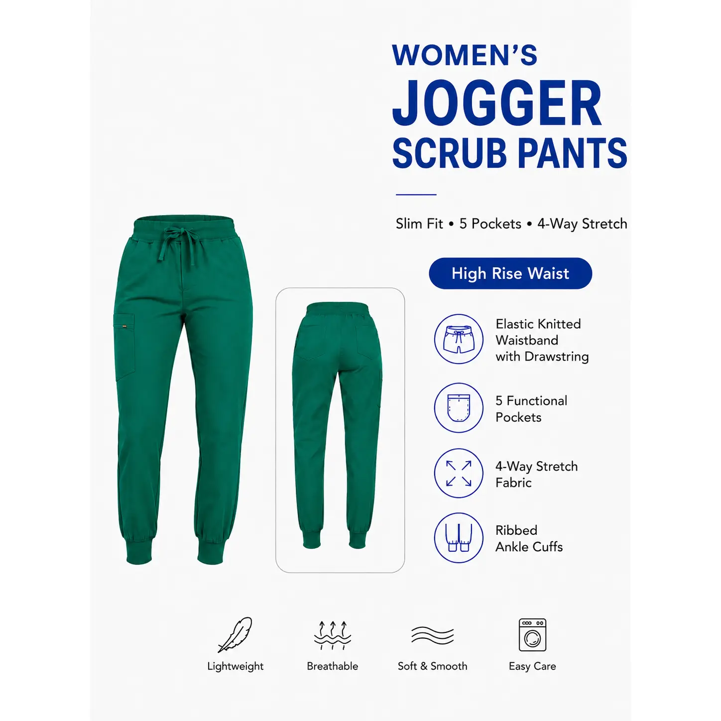 Women's High Waist Jogger Scrub Pants, 4-Way Stretch with Zipper Cargo Pockets - Lightweight Medical Workwear for Nurses Casual Womenswear
