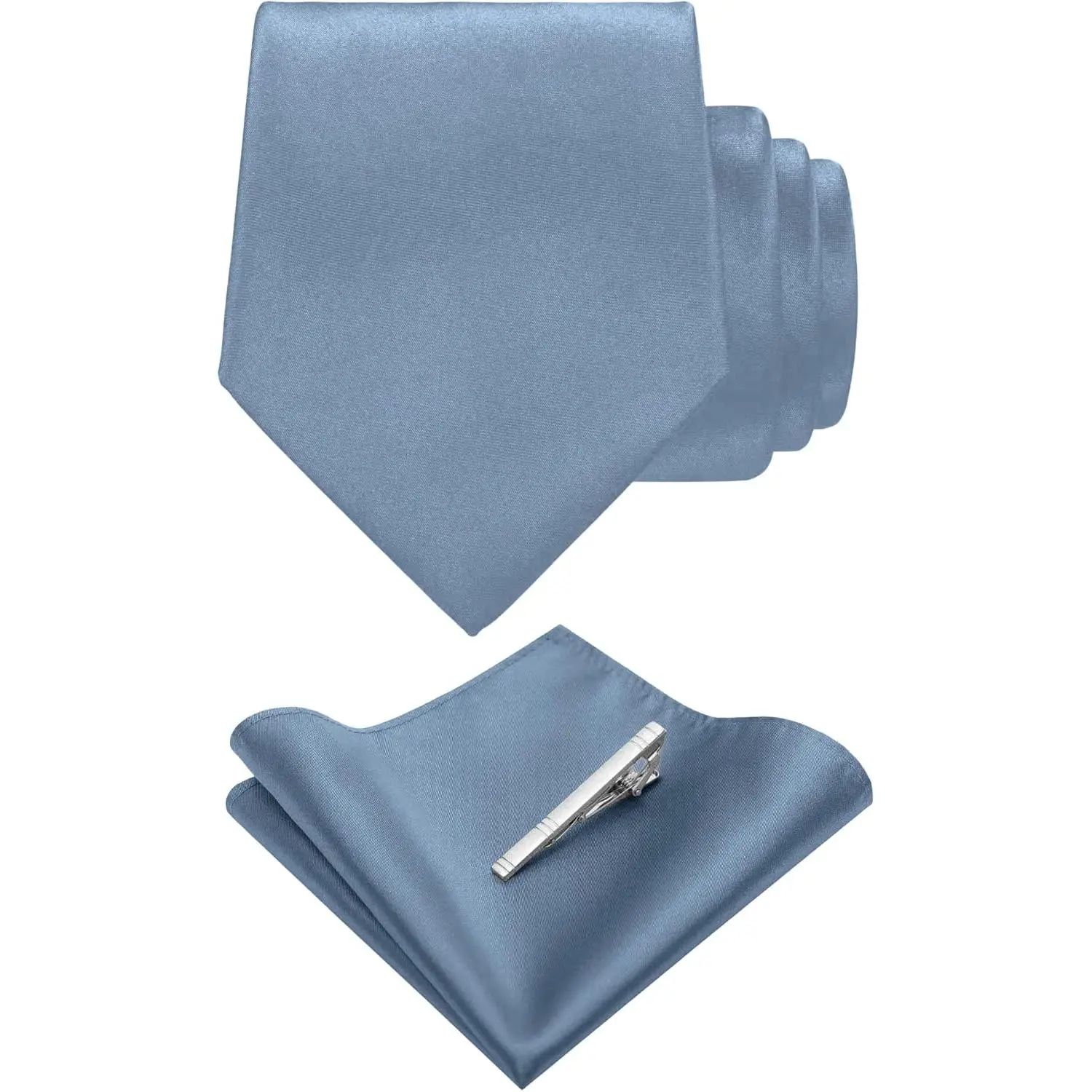 Men's Classic Solid Dusty Blue Plain Ties Set - Includes Clip, Smooth Fabric Necktie and Rectangular Pocket Square for Business, Weddings