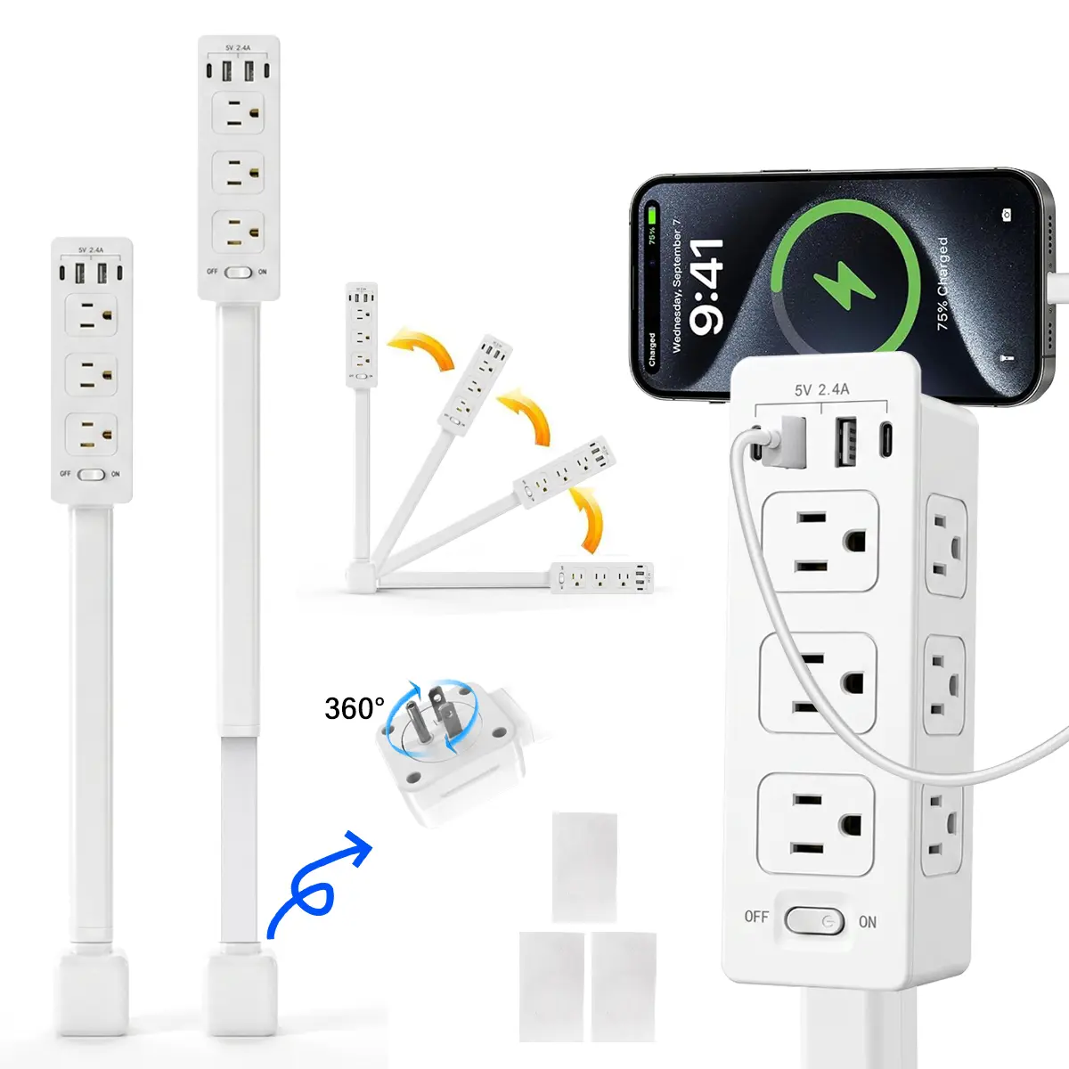 Adjustable-Length Rotating Wall Power Strip (20"-29") | Multi-Surface AC Sockets + USB-C/A Fast Charge | ETL Certified Drill-Free Mount | Perfect for Bedroom, Office & Dorm Desk Setup
