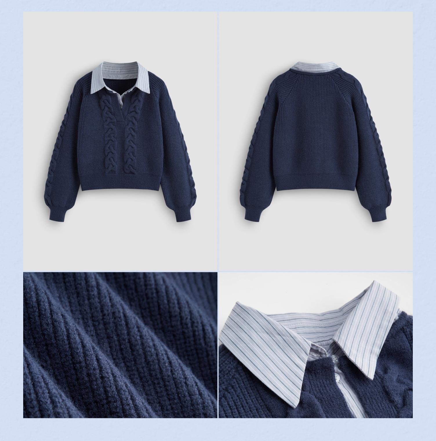 Cider [size 2-10] Cable Knit Collar Two Tone Long Sleeve Top