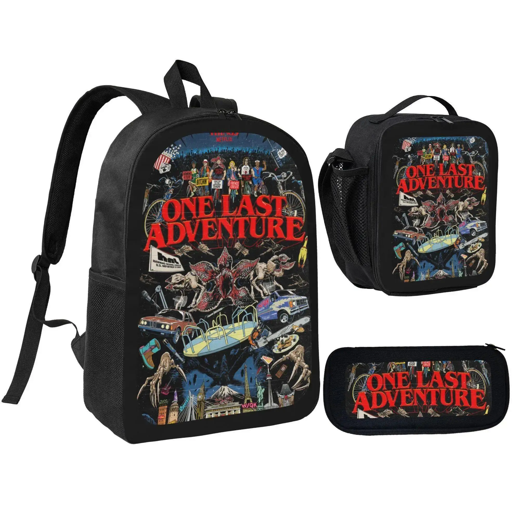 Netflix Stranger Things Retro Sci-Fi 3-Piece Teen Backpack Set - Black Ultimate Adventure Theme Bag with A4 Size Fit, Bold Prints, Casual Design, Multiple Pockets, Pencil Case & Lunch Bag for School Stationery Needs