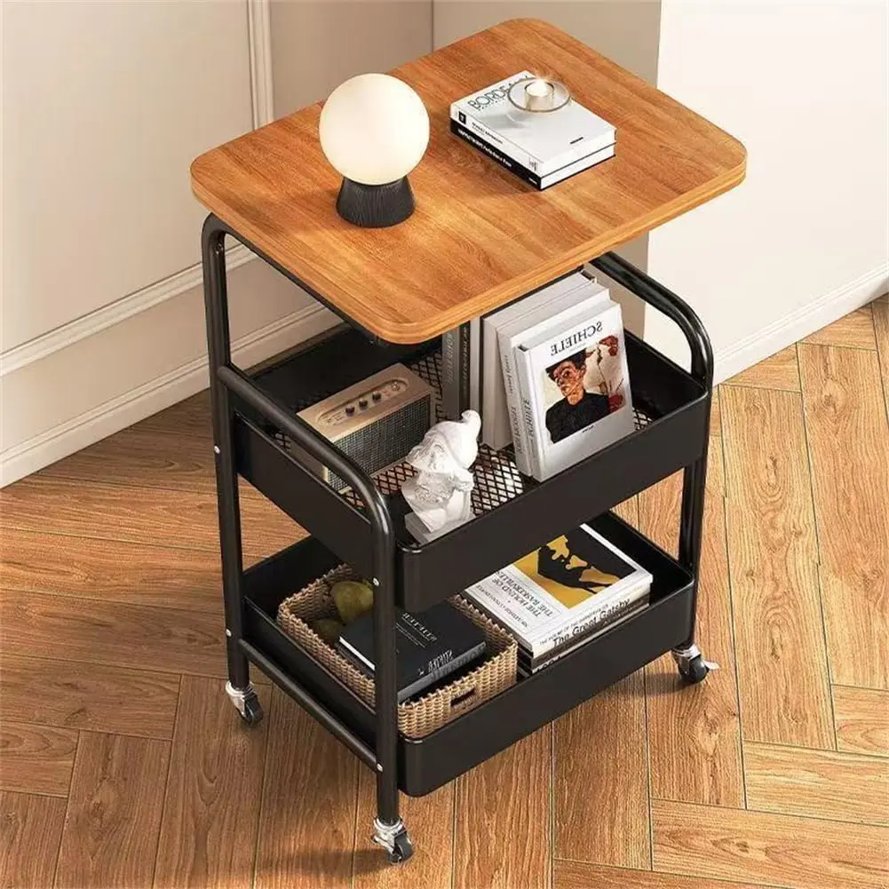 Multipurpose 3-Tier Rolling Side Table Cart, Wooden Top, Metal Mesh Baskets, Lockable Wheels, Space-Saving for Living Room coffee table , Bedroom, Kitchen, Bathroom, Office, Black