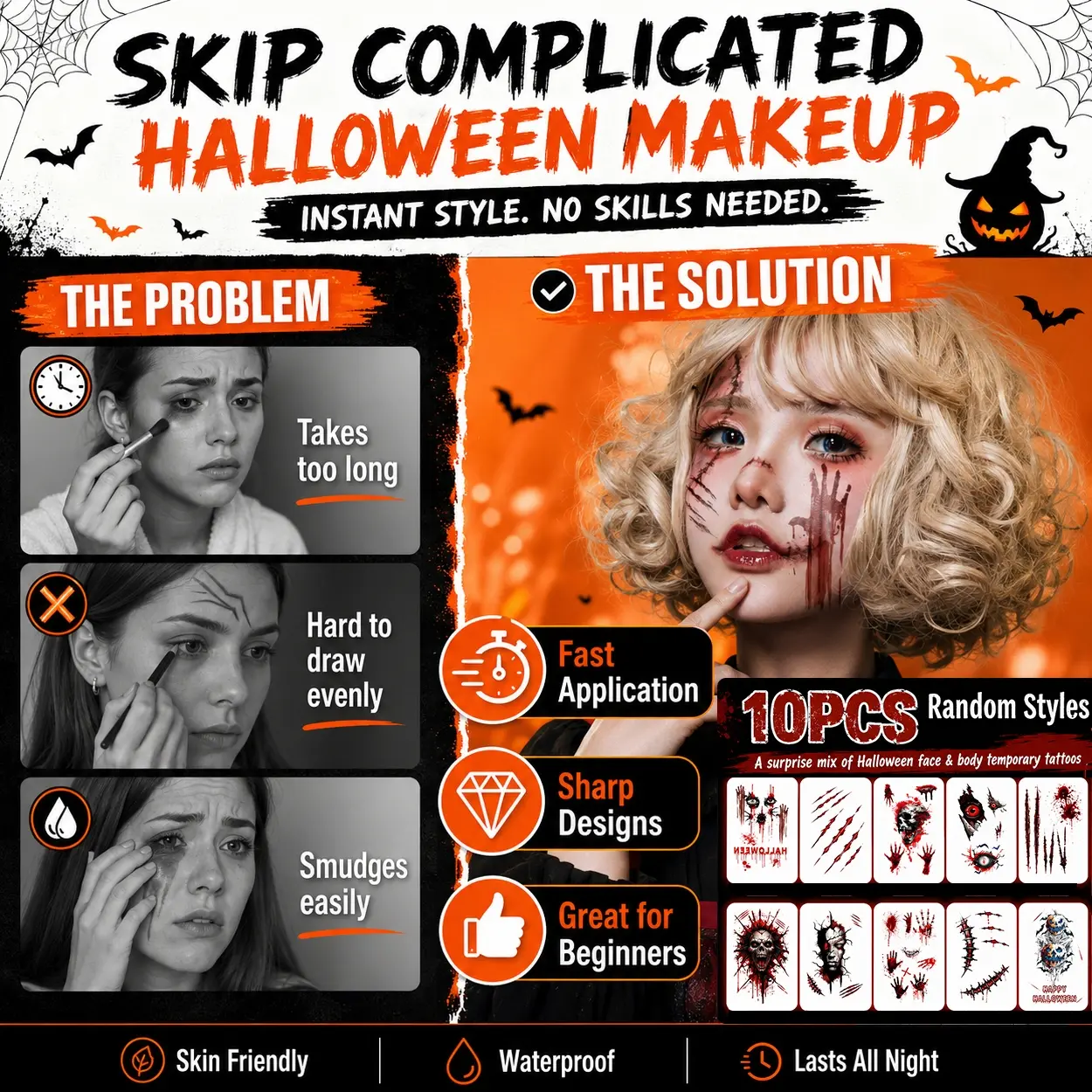 10pcs Halloween Wound Tattoo Stickers, Face and Body Temporary Makeup Decals with Random Scar, Claw Mark, Skull, Monster and Zombie Designs, Waterproof Sweatproof Party Accessories for Adults, Cosplay Show, Haunted Night, Masquerade and Carnival