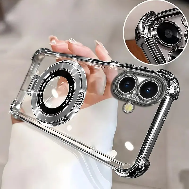 Compatible with iPhone 16plus | Premium Clear Electroplated Phone Case with Ring Holder, 4-Corner Shockproof & Full Camera Protection HNL0097