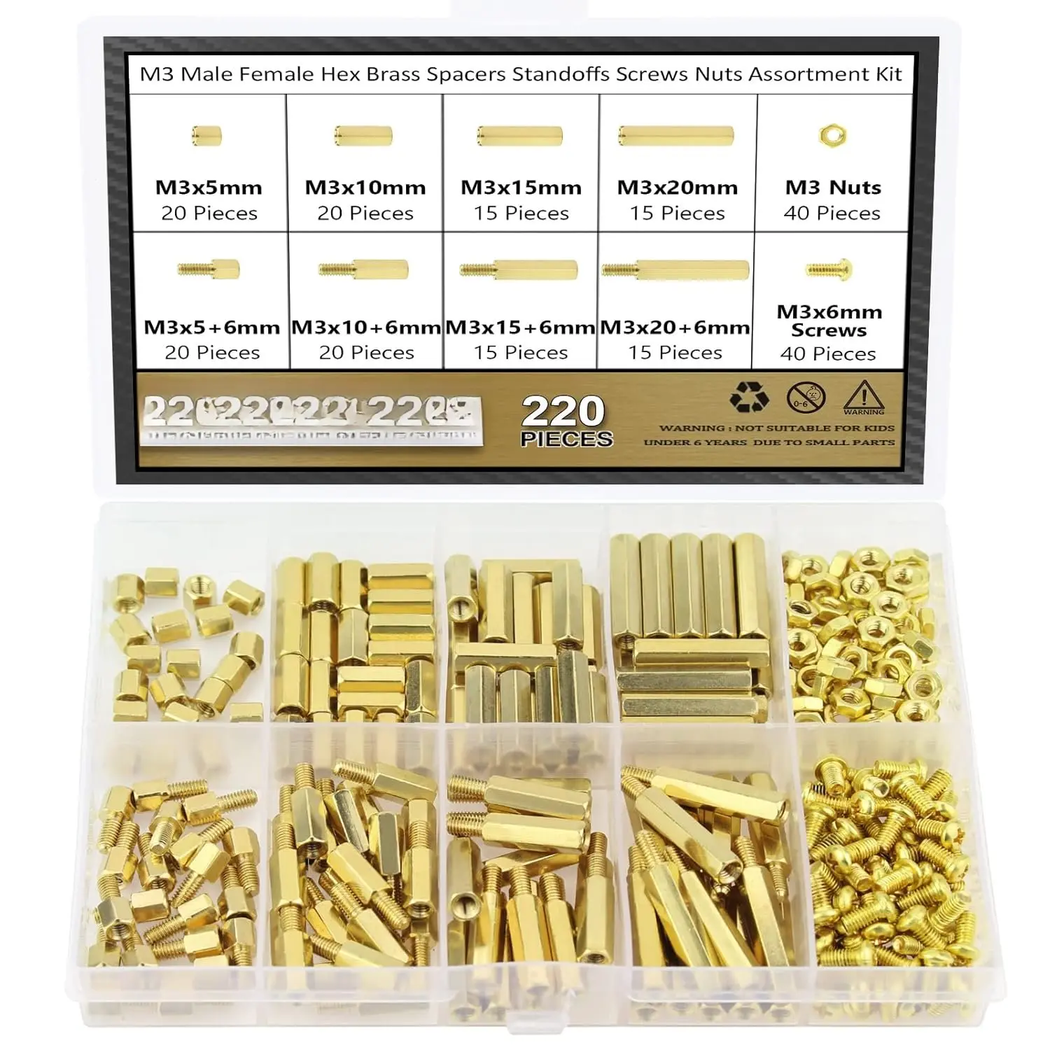 220-Count M2, M2.5, M3 Brass Standoffs Kit - High-Strength Male-Female Hex Spacers, Screws, Nuts & Bolts for PCB Motherboards, Machine Boards, Computers (M3 x 5/10/15/20mm)