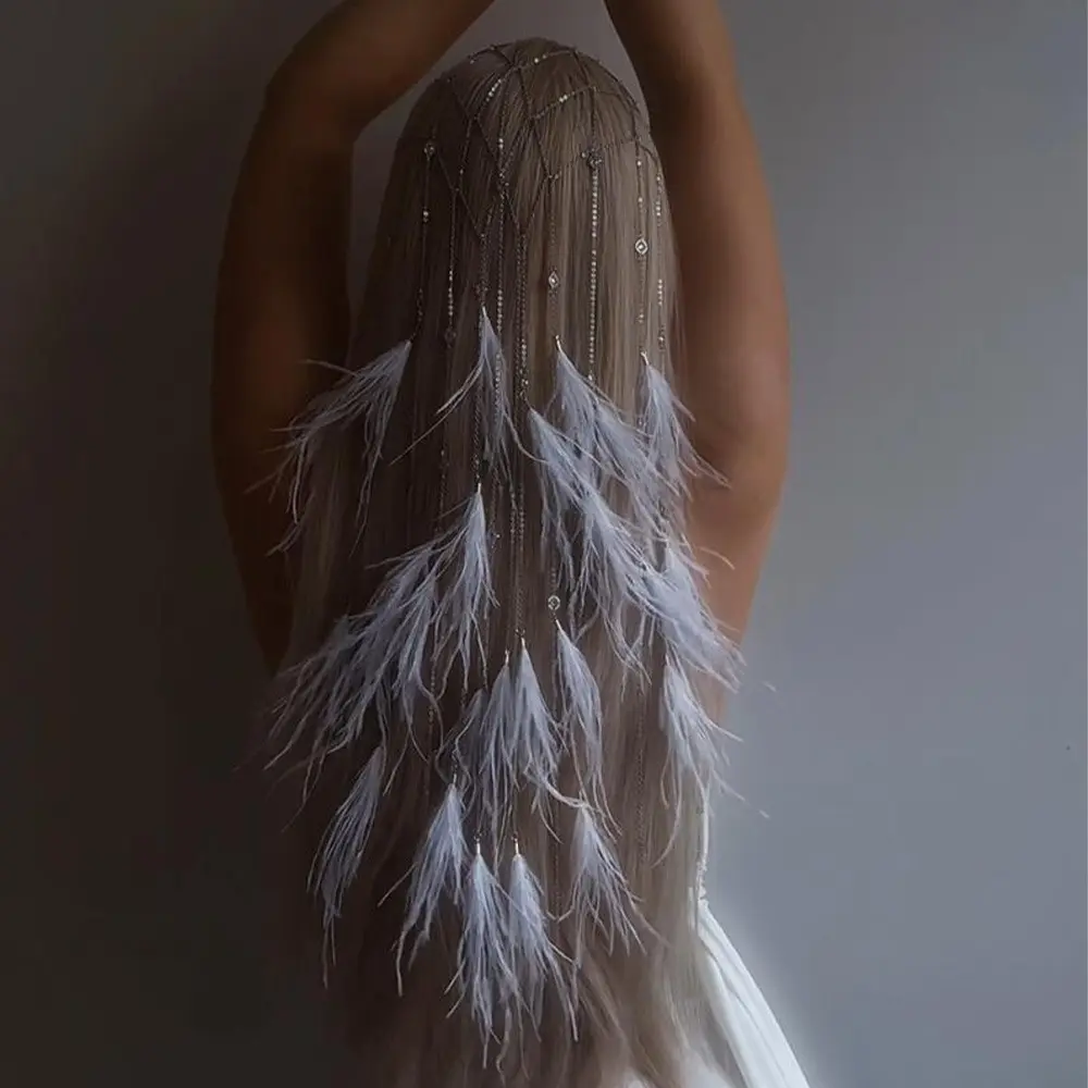 Women's Vintage Feather Headband - European American Boho Tassel Chain Hair Accessory with Feather Stone, Single Headband for Party Evening Wear Cosplay