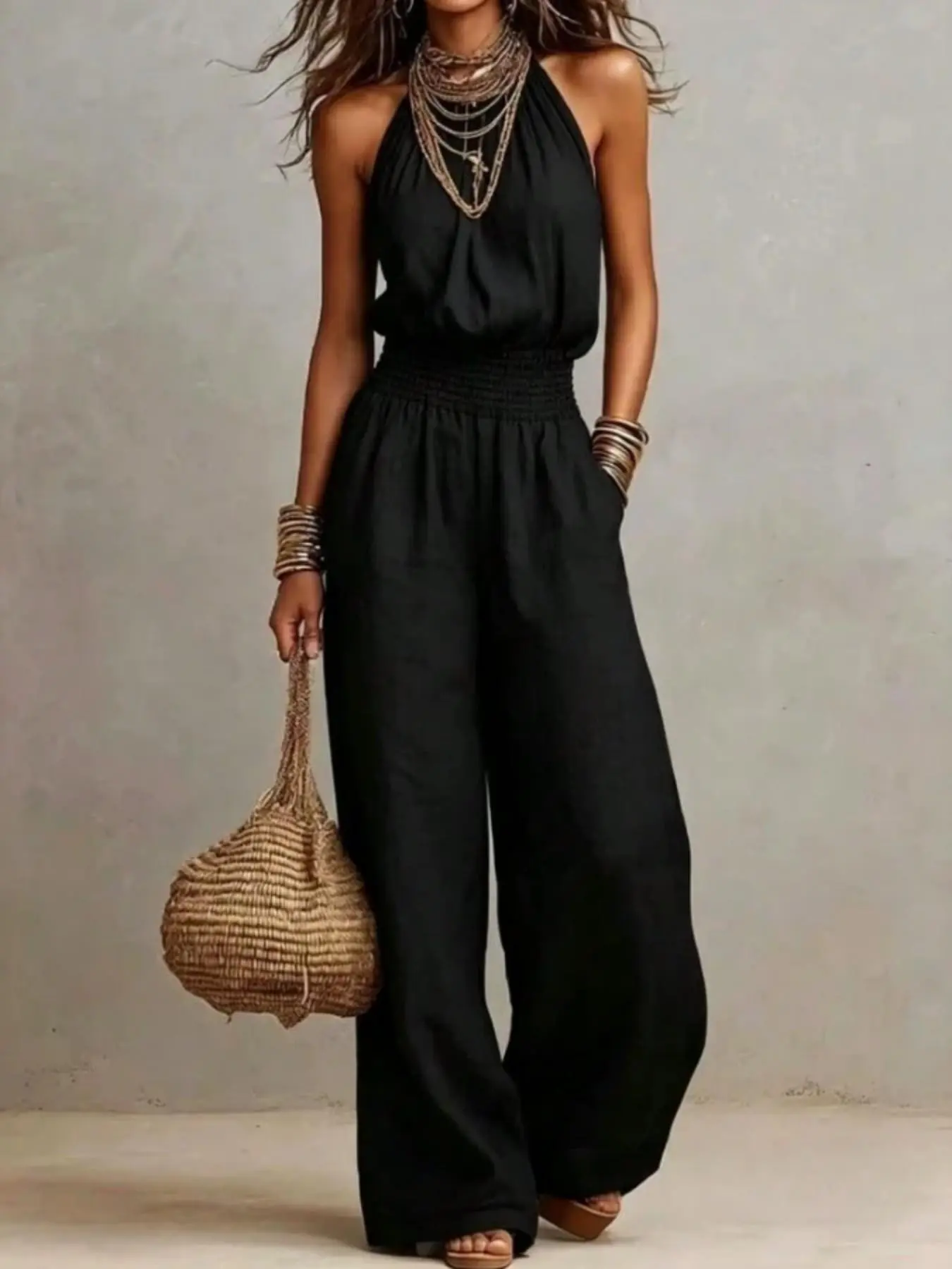 BohoVibe Black Lightweight Linen Blend Halter Neck Backless Sleeveless Smocked Elastic Waist Wide Leg Side Pocket Loose Fit Jumpsuit, Women 2026 Viral TikTok Outfit, Breathable Flowy Romper for Summer Beach Trip Coastal Holiday Daily Casual Resort Wear,