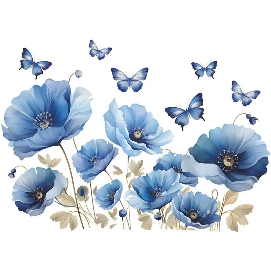 Blue Flower Wall  Peel and Sticker DIY Floral Butterly Wall Stcikers Murals for Girls Bedroom, Living Room,  Room Wall Decor